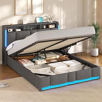 AOGLLATI Upholstered Bed 160 x 200 cm with Sockets and LED Lighting Double Bed 160 x 200 cm with Storage Space Headboard & Hydraulic Storage Space Bed Frame with Slatted Frame Youth Bed Linen Without Mattress Dark Grey