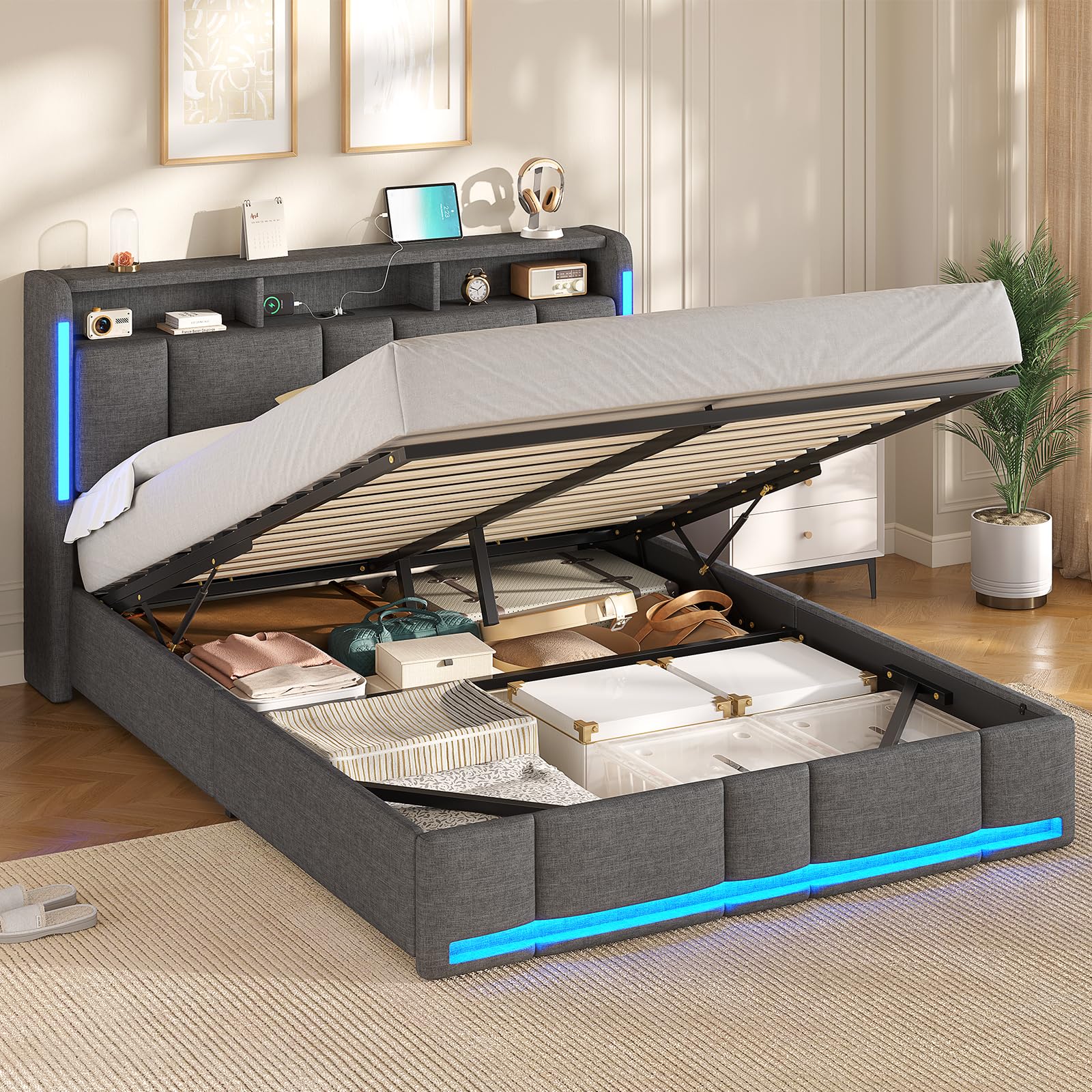 AOGLLATI Lit Coffre 160x200 CM, Lit Double avec LED et Ports USB, Cadre de lit avec Tête de Lit capitonné et Rangement, Lattes en Bois, Lin Gris Foncé(sans Matelas)