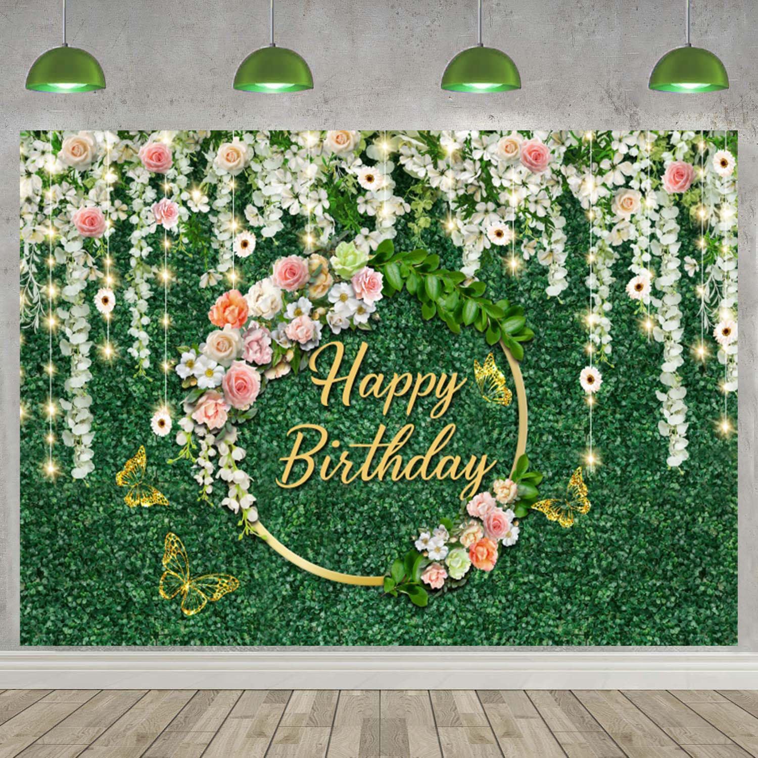 3x2m Sfondo compleanno verde foglie floreale buon compleanno segno poster fotografia sfondo donne ragazze principessa festa compleanno interni decorazioni all'aperto striscione Photo Booth Props