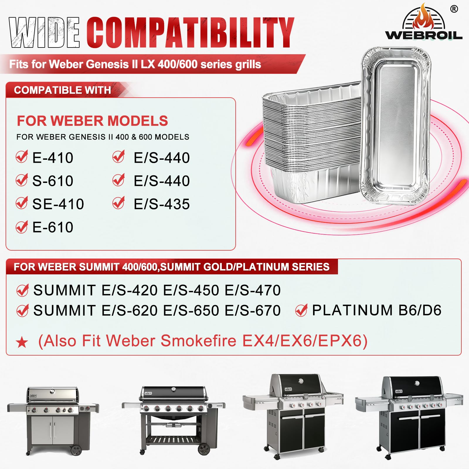 6498 6417 - Vaschette raccogli grasso per Weber Genesis II 400 e 600, rivestimento in alluminio per griglia a gas Weber 71,1 cm/91,4 cm, per barbecue a gas Weber 400/600 Summit Series