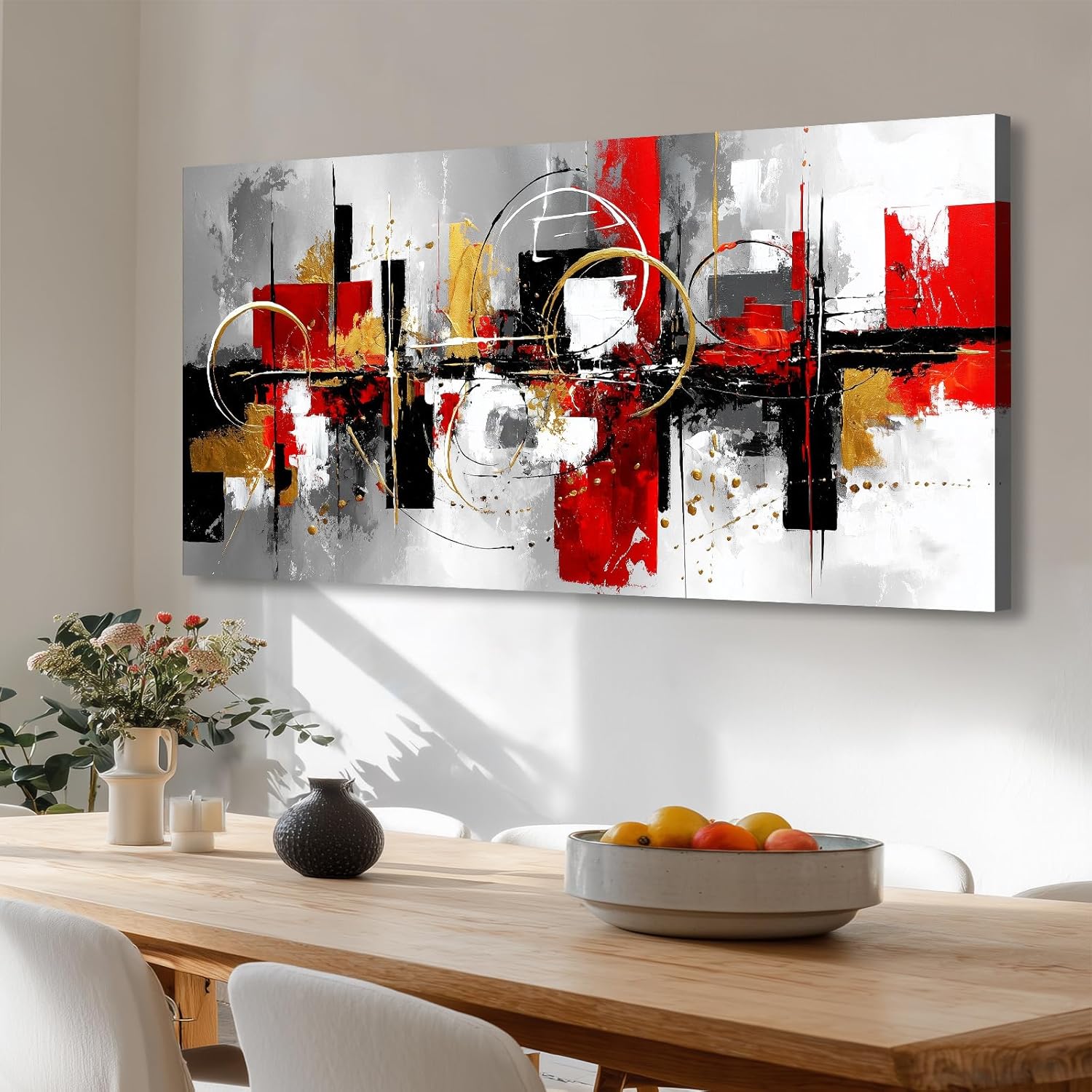 Azatyam Red Black White Abstract Canvas Wall Art Modern Geometric Circle Painting Yellow Grey Artwork Horizontal Large Minimalist Picture Prints for Living Room Bedroom Office Home Wall Decor 20"x40"