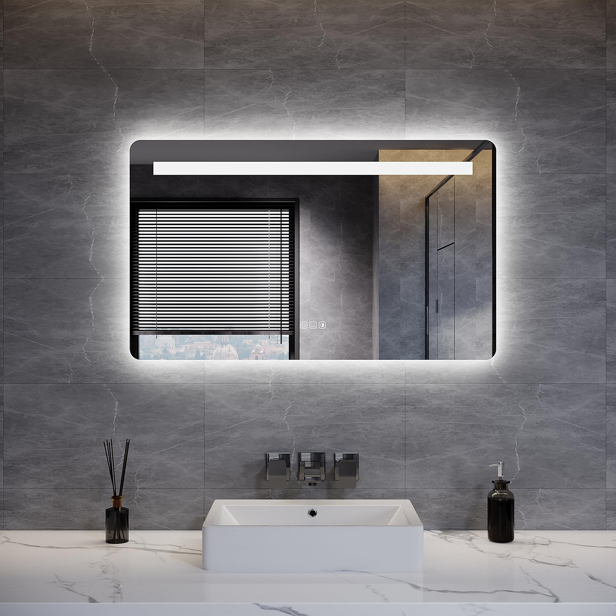 ELEGANT LED Bathroom Mirror with Lights, 1000x600 mm Backlit Wall Mounted Vanity Mirror with Front Light, Shaver Socket, 3 Colors Dimmable, Demister Pad, Touch Sensor & Memory Function, IP44
