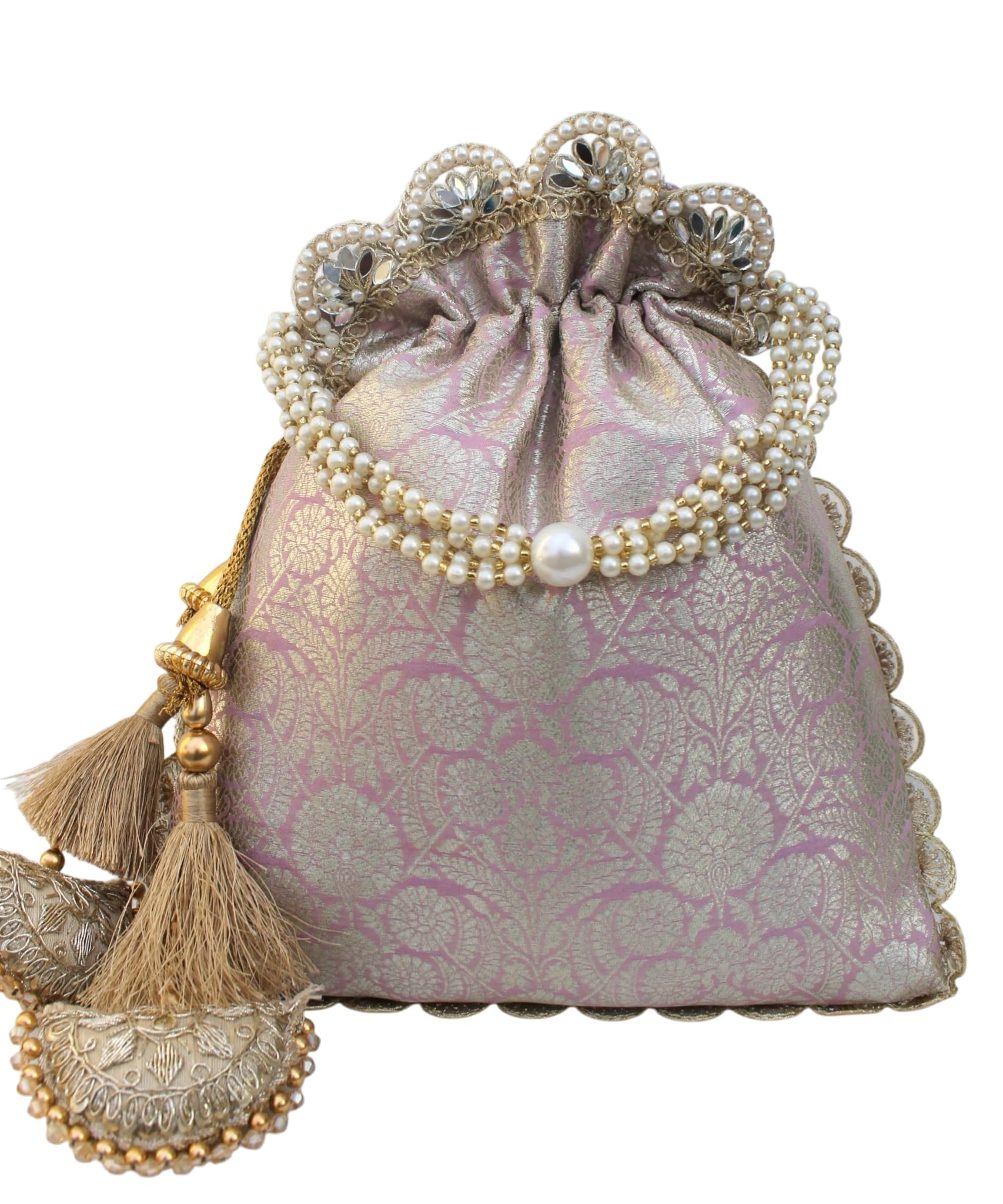 Pure Banarasi Potli Silk Brocade Bag Purse Drawstring Women's handbag with Pearl Handle & Tassel Weddings-image-8