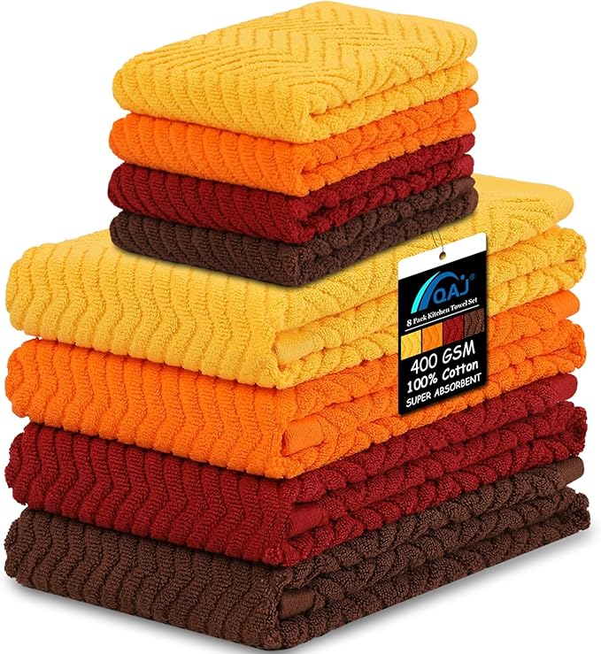 Kitchen Towels and Dishcloths Set, Pack of 8 Super Absorbent 16" x 25" Kitchen Towels and 13" x 13" Dish Cloths (400 GSM)