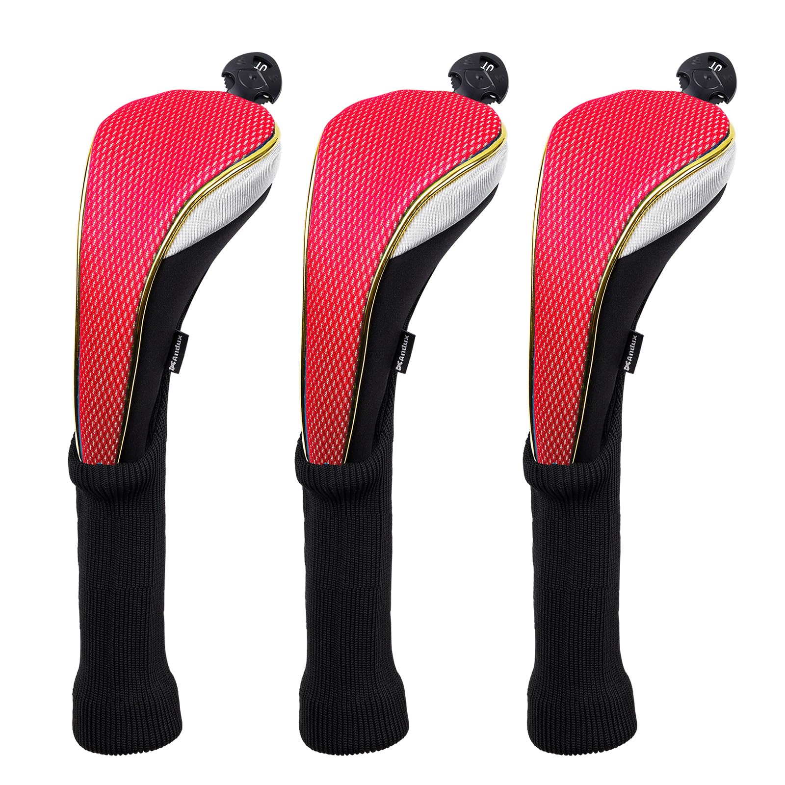 Andux 3Pcs/Set Long Neck Gold Golf Hybrids Club Head Covers with Dial No. Tag MT/HY14 (Red)