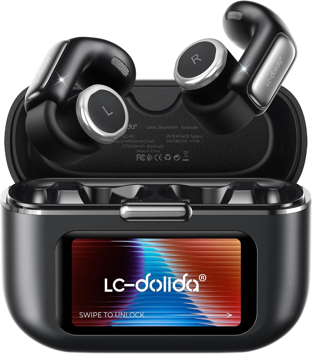 LC-dolida Open-Ear Wireless Earbuds with Smart LED Display Case, Clip On Earbuds All-Day Comfort & Situational Awareness, Case Control for Volume, EQ, Music, Find My Earbuds & Camera, Timer (Black)