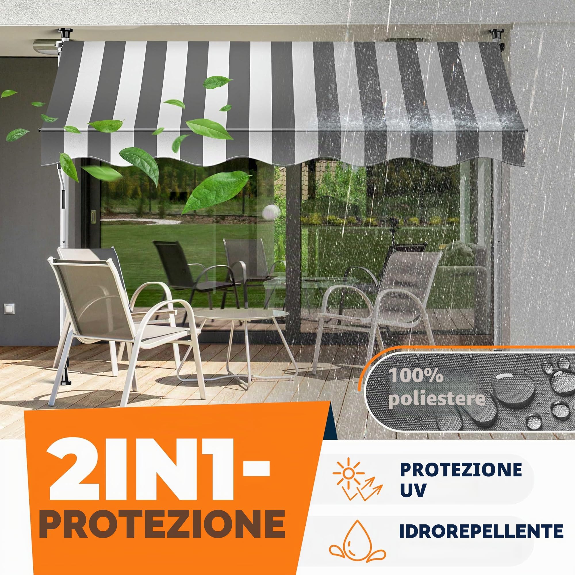 KESSER Tenda da sole con manovella e catena luminosa a LED, tenda da sole per balcone, tenda da sole senza fori, resistente ai raggi UV, regolabile in altezza e impermeabile, protezione solare per