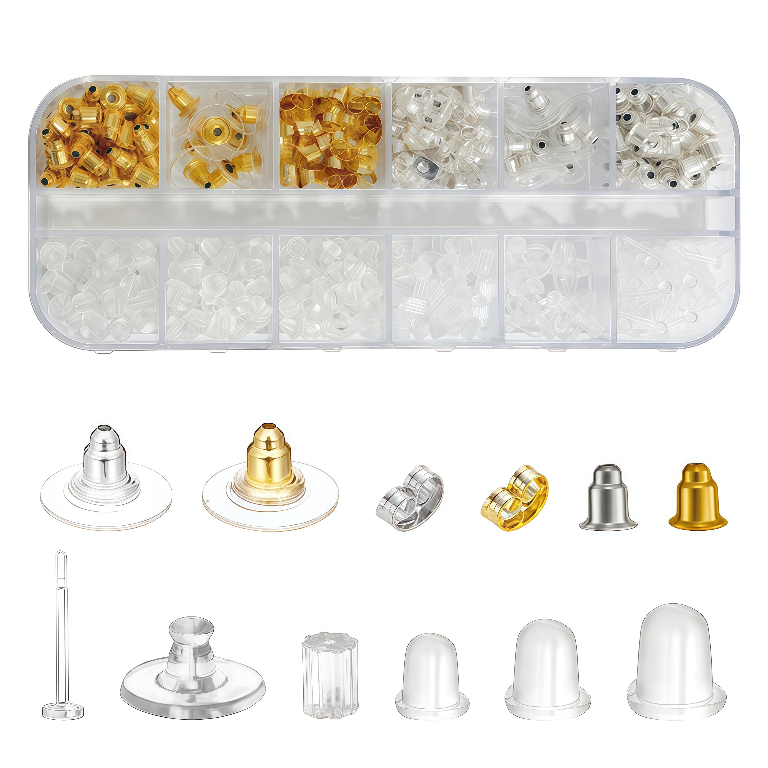 QEAS 600 Piezas Tuercas de Pendientes, 12 Estilos Metal Goma Plástico Cierres de Pendientes Forma de Bala Estilo de Mariposa, Tuercas Pendientes para Colgantes Manualidad Fabricación de Joyas