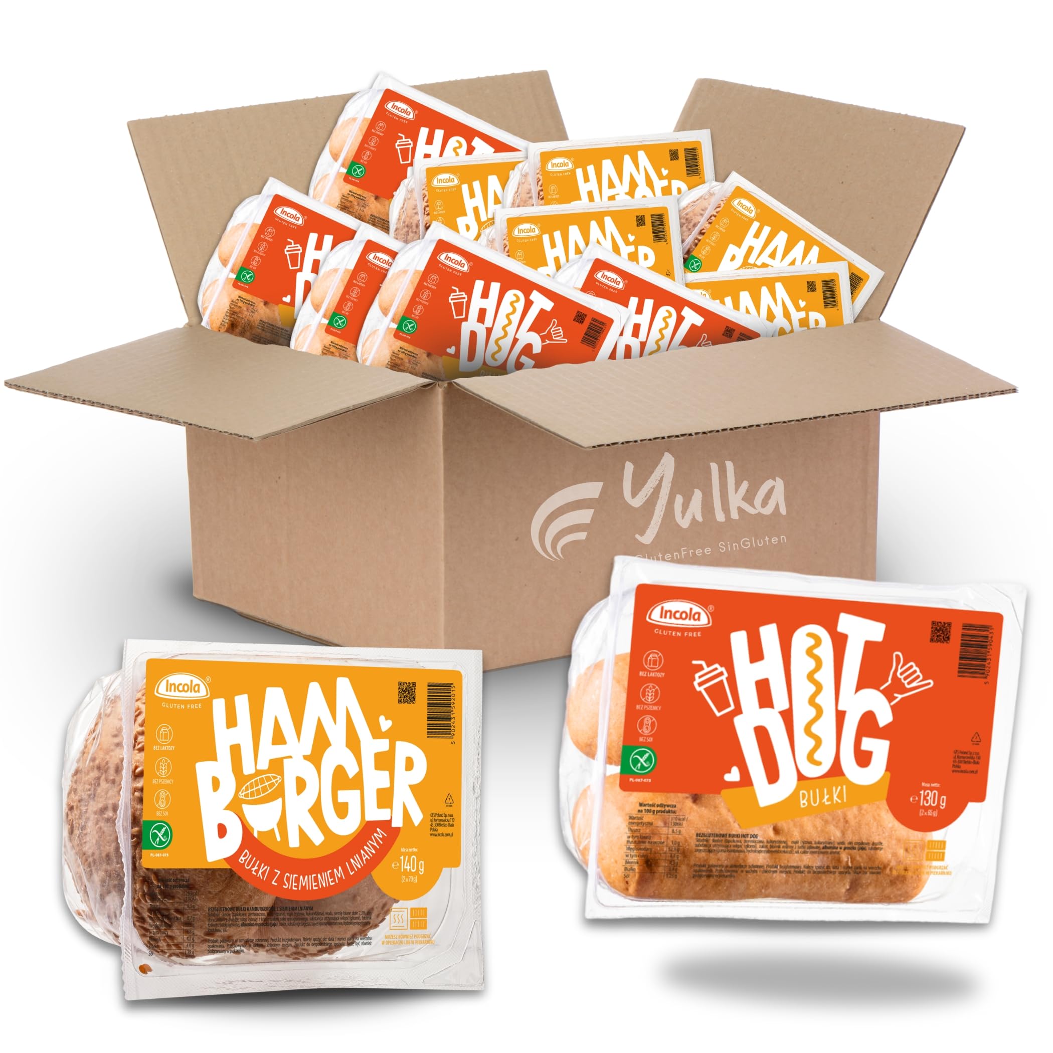 YULKA Glutenfrei | BOX Hot-Dog & Hamburger Brötchen 12erPack | Glutenfreie Brötchen und Backwaren | Laktosenfrei Weizenmehlfrei (Vorteilspack 6x HotDog (130g: 2x65g) 6x Hamburger (140g: 2x70g))