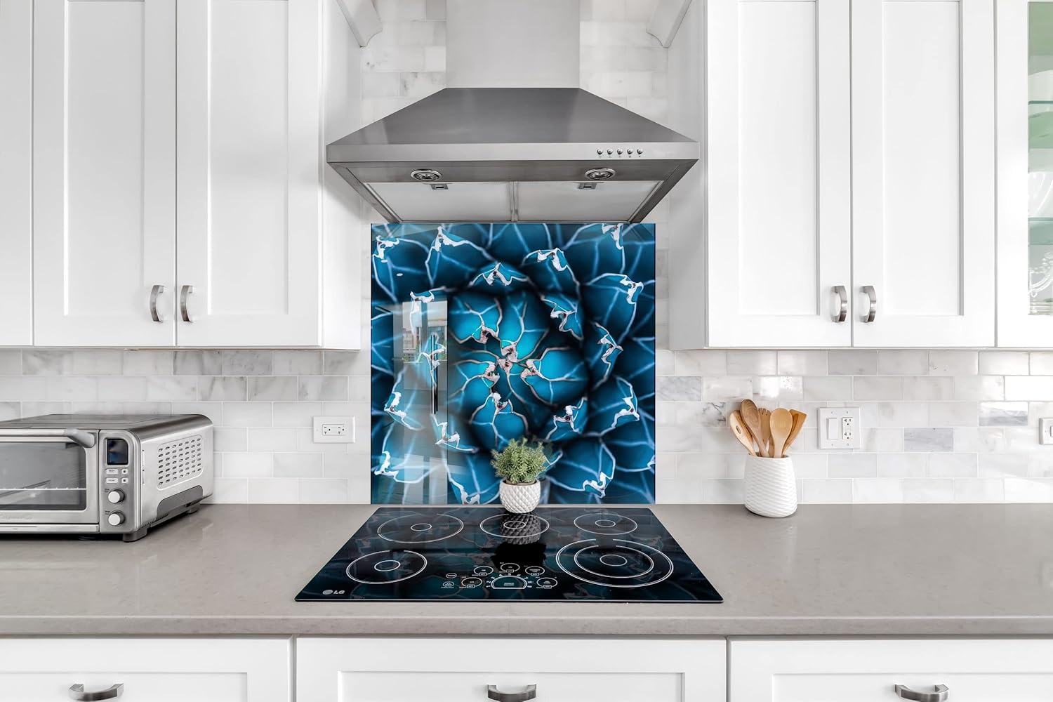 Myphotostation Dark Blue Cactus Tempered Glass Backsplash 23.5Wx12H'' Floral Splashback for Kitchen Decor Bathroom Wall Protector Stove Backsplash Panel Tile Glass Splashback