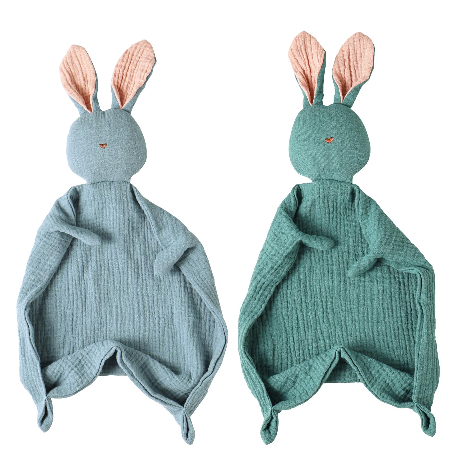 insular Bunny Lovey Blanket for Boys and Girls, Organic Cotton Muslin Security Blanket for Babies, Soft Breathable Lovie Soothing Towel for Newborn and Infant, Blue&amp;Green