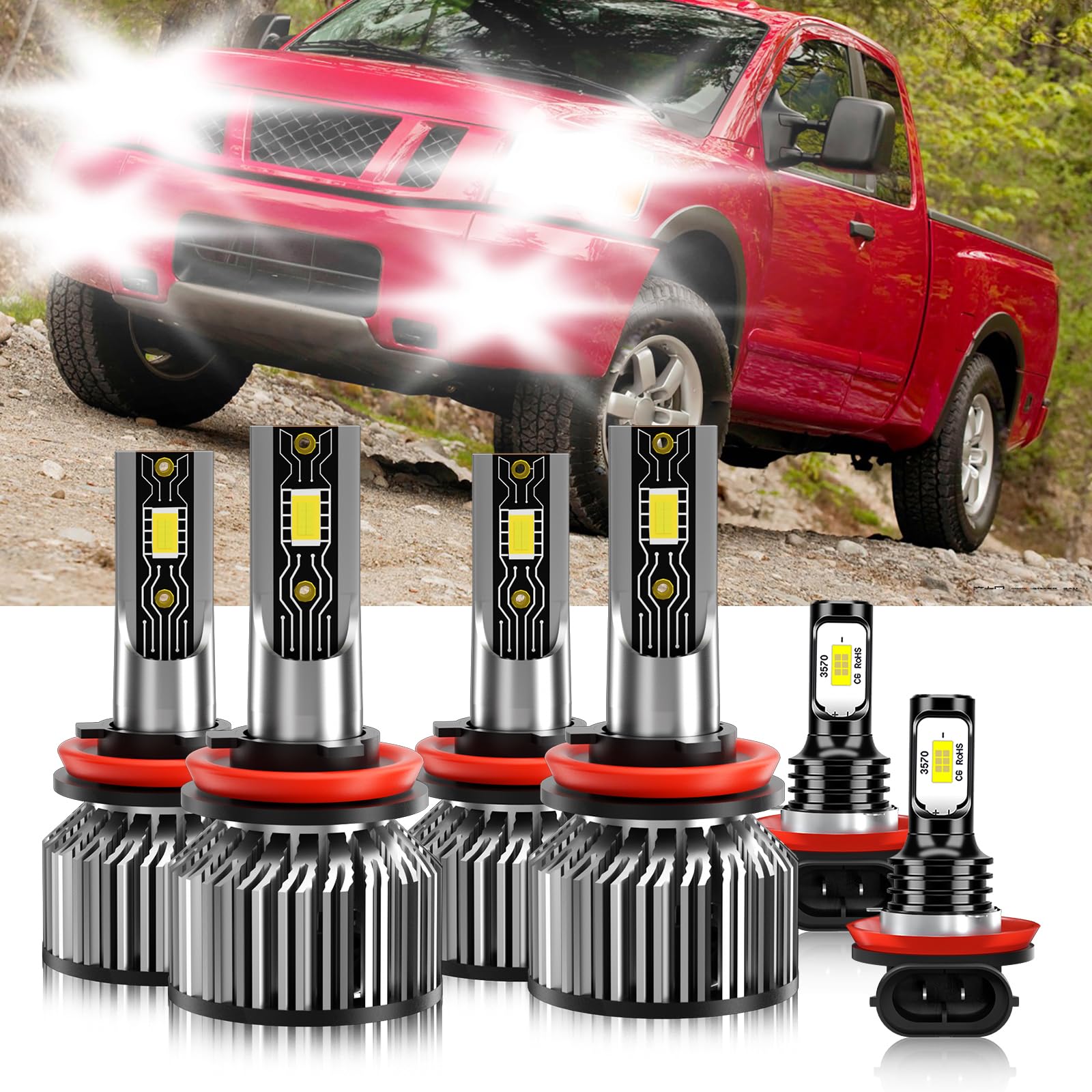 Compatible For Nissan Altima 2007-2018 H8 H9 High/Low Beam H11 Fog Light Bulbs, 600% Brightness 6500K White with Cooling Fan, Plug and Play, IP68 Pack of 6