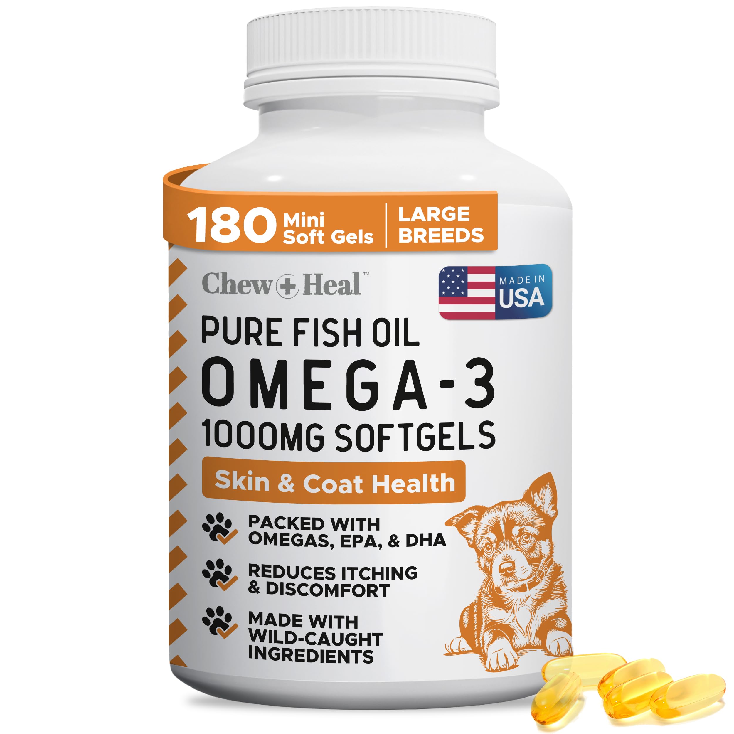 Wild Caught Omega 3 Fish Oil for Dogs - 180 Softgel Capsules for Healthy Skin and Coat - Large 1000 mg Dog Fish Oil Pills for Shedding, Dry Itching Skin, and Hot Spots - Pet Omega Salmon Supplement