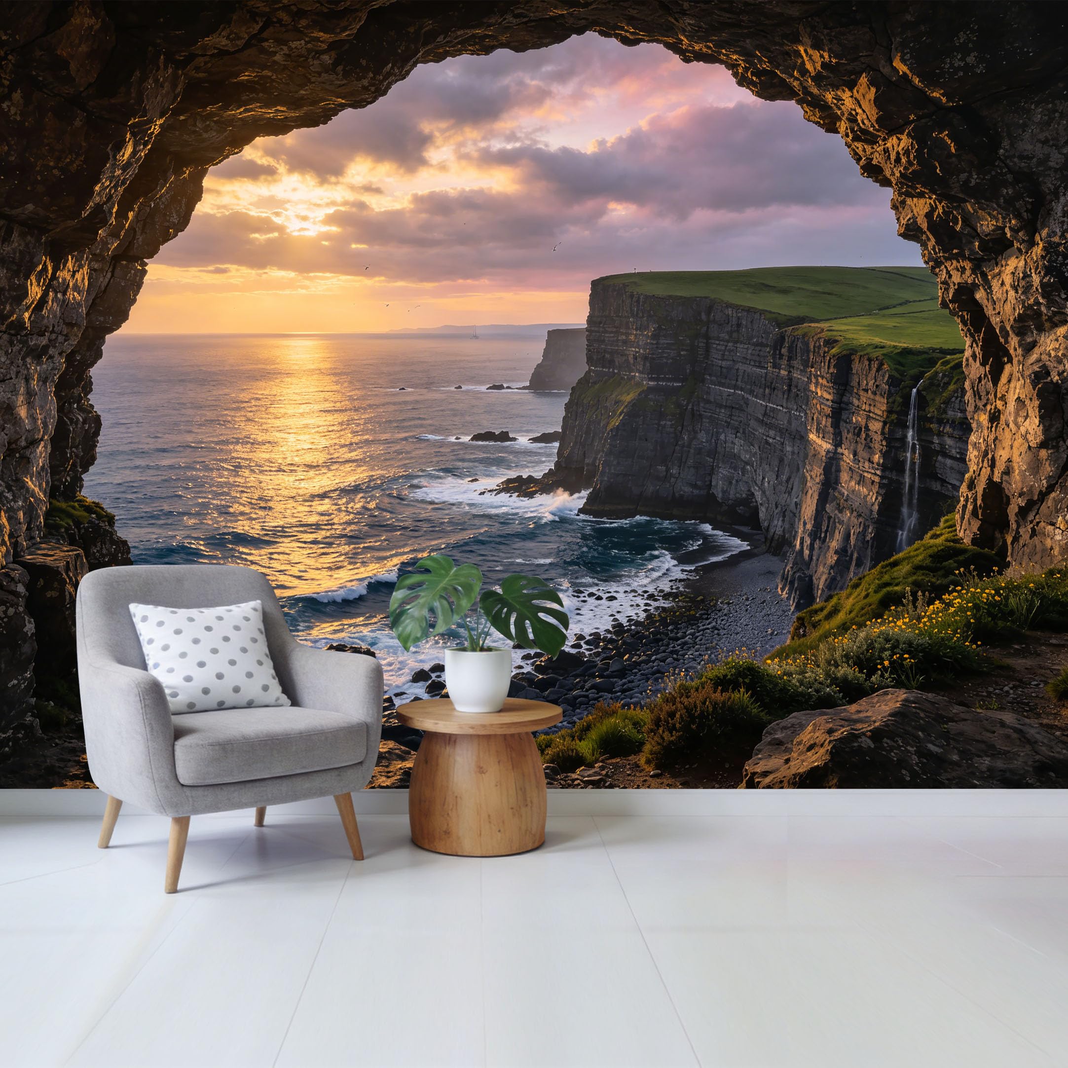 Custom Size Wall Mural Coastal Cliff Sunset Ocean View Landscape Removable Self Adhesive Fabric Home Wall Decor for Living Room Bedroom Bathroom