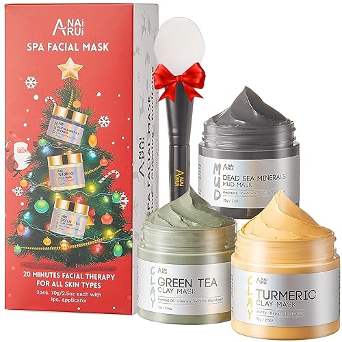ANAI RUI 3 Pack Face Mask Gift Set,Christmas Facial Mask Set,Turmeric Clay Mask - Green Tea Mud Mask - Dead Sea Minerals Mud Mask Stocking Stuffers for Women &Teen Girl 2.5 oz each - Red