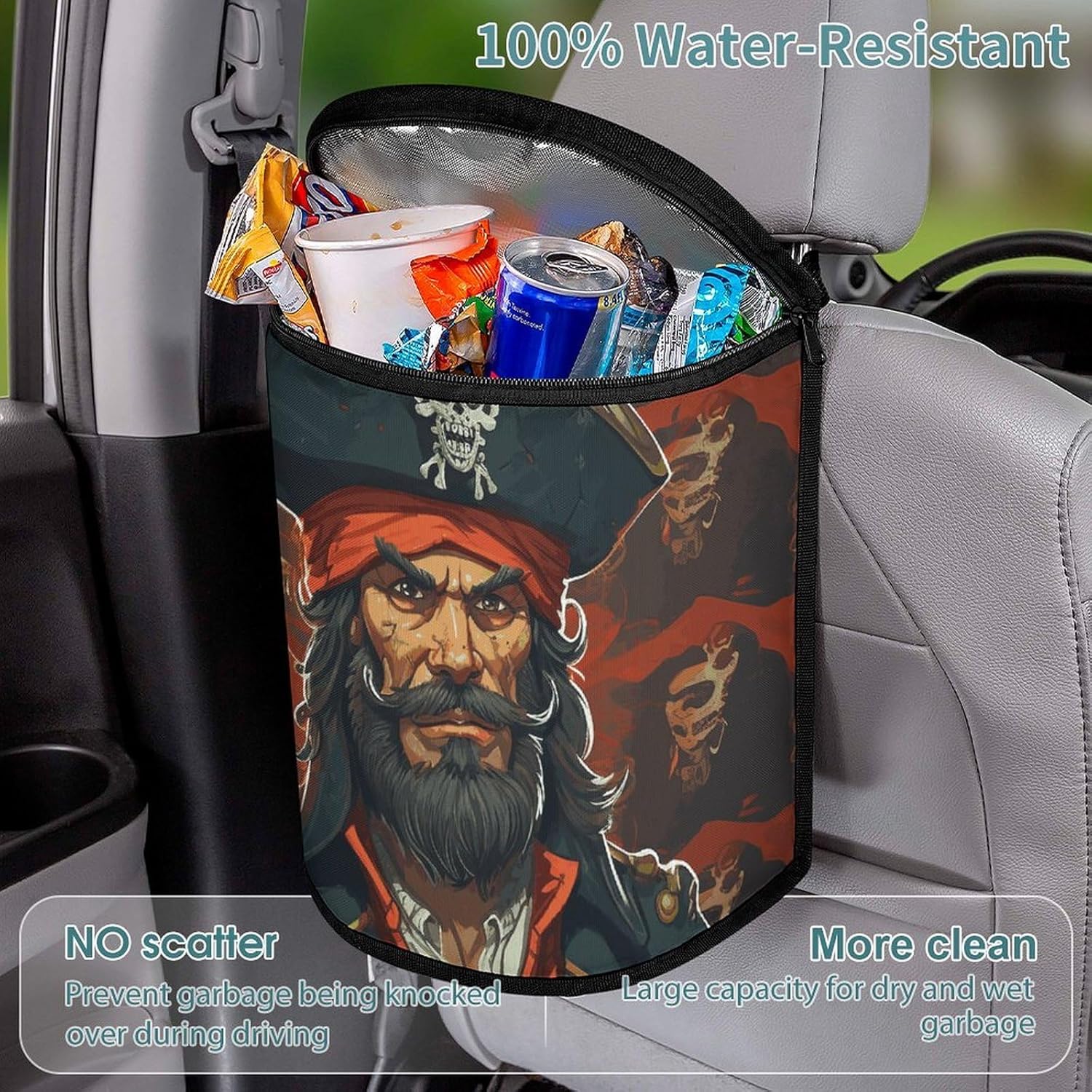 Pirate Captain Car Trash Can Round Hanging Car Garbage Storage Bags Leak-Proof & Spill-Proof Grocery Organizer Bag