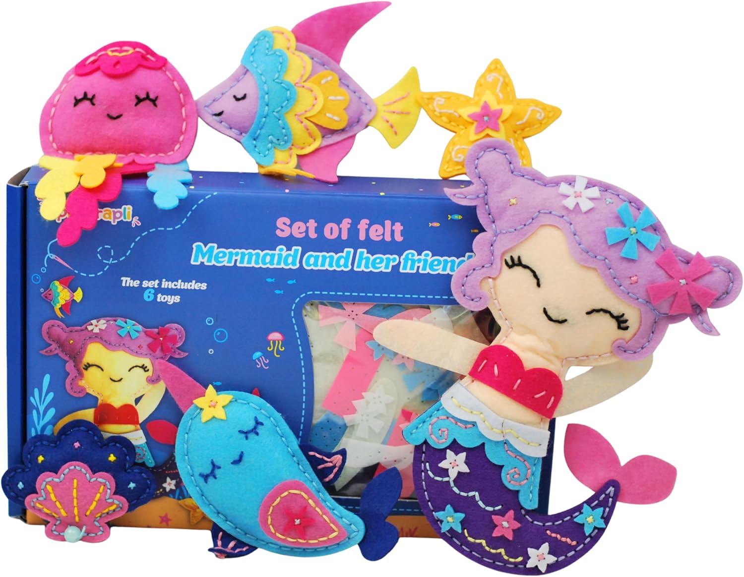 Wise Elk APLI Krapli DIY Sewing Kit for Kids – Make 6 Mini Mermaid Plush Toys – Pre-Cut Pieces, Thread, Plastic Needle & Stuffing – Ages 7–12