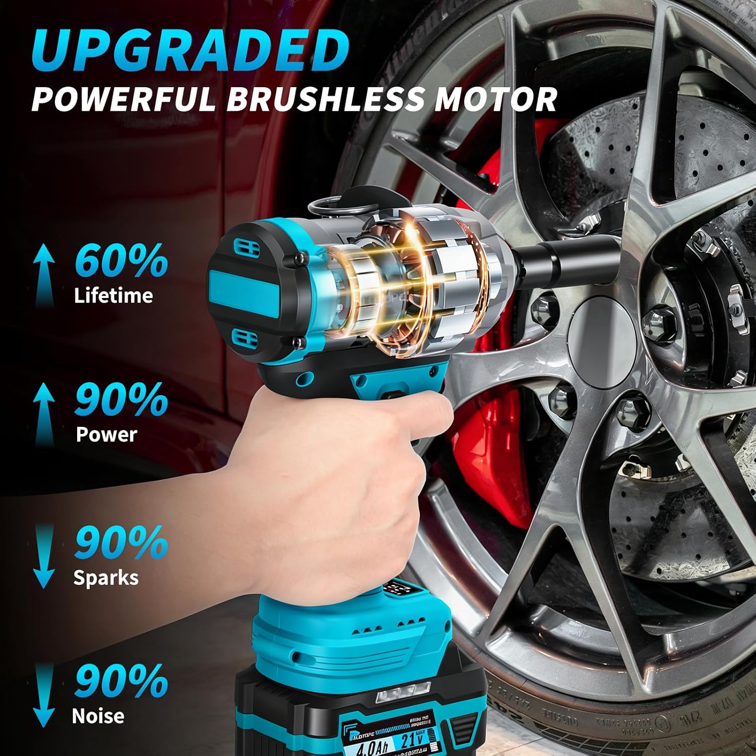 1500Nm Impact Wrench 1/2 Cordless, 1107 Ft-lbs Power Impact Wrenches with 2 x 4.0Ah Battery, Llave De Impacto with 6 Sockets & Extension Rod, Cordless Impact Gun for Car/Truck/RV/Mower