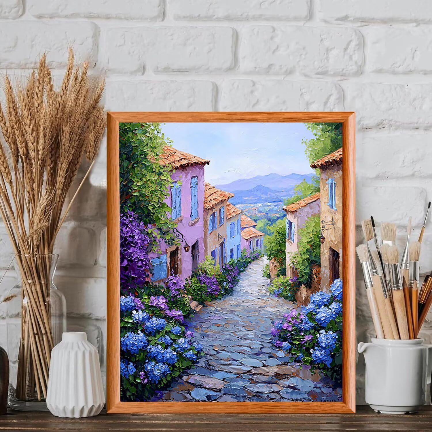 Malen nach Zahlen Erwachsene Straßenansicht mit Hortensie, 70x90cm x-498 | Malen nach Zahlen Erwachsene Leinwand Kit, DIY Handgemalt Ölgemälde Set mit 3-Pinseln und Acrylfarbe für Wanddeko,Ohne Rahmen