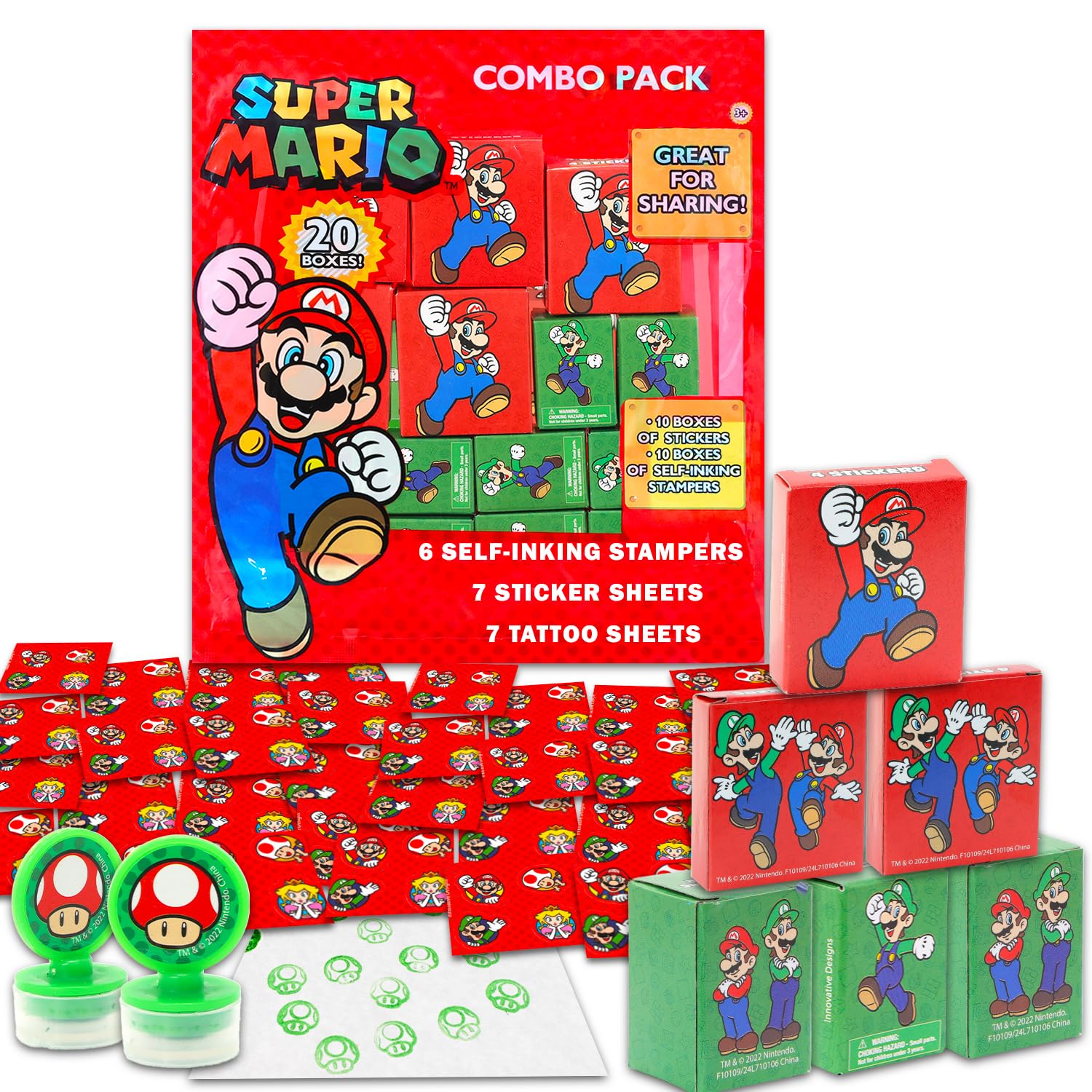 Super Mario Party Favors for 20 Guests Bundle ~ 20 Pieces Mario Favor Boxes with Stickers and Stampers for Kids Birthday Party | Mario Party Supplies