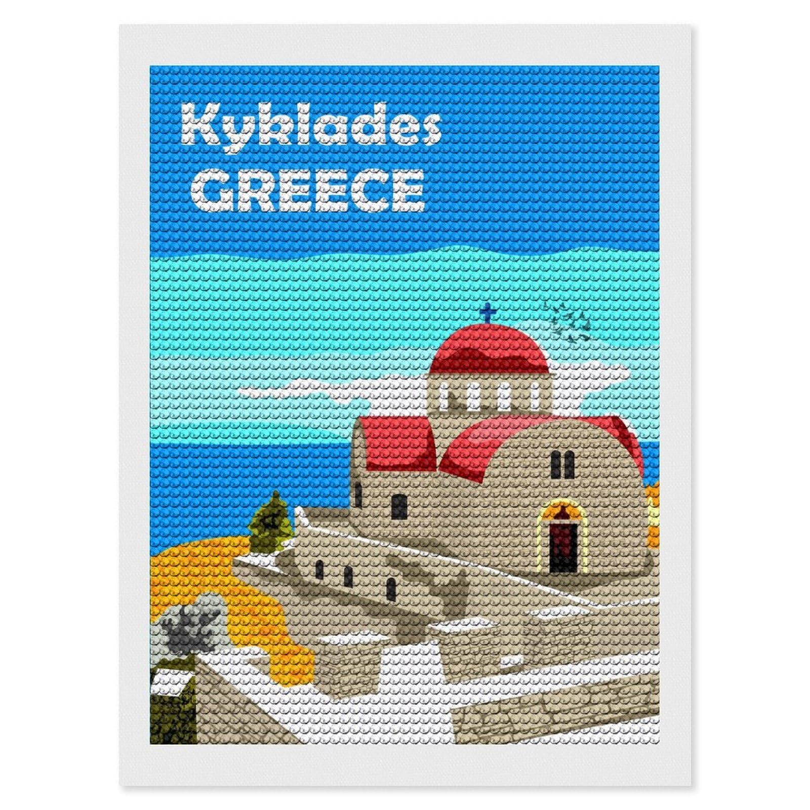 Junmoney Kyklades Greece Diamond Painting Kit 12"x16", Adhesive Canvas, Home Wall Decor, for Beginners, Birthday Gift, Full Kit Included