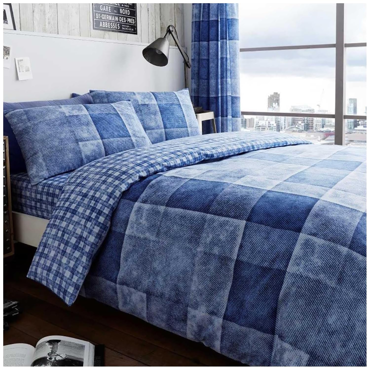 GC GAVENO CAVAILIA Denim Checkered Single Duvet Cover Set With Pillowcase, Breathable Geometric Bedding Set, Reversible Check Quilt Bedset, Blue Paid Bedding