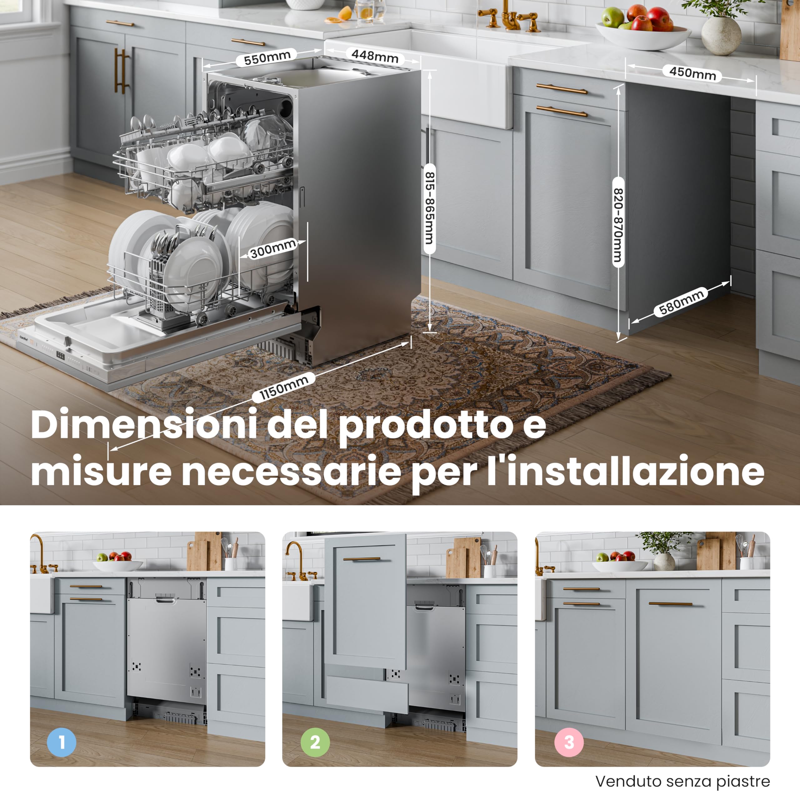 COMFEE Lavastoviglie da Incasso 45 cm 10 Coperti 8 Programmi Wifi Inox | 72℃ Hygiene Wash, Cloud Wash, Mezzo Carico, Asciugatura Extra, Sistemi rack flessibili, Avvio Ritardato, WiFi Home Connect