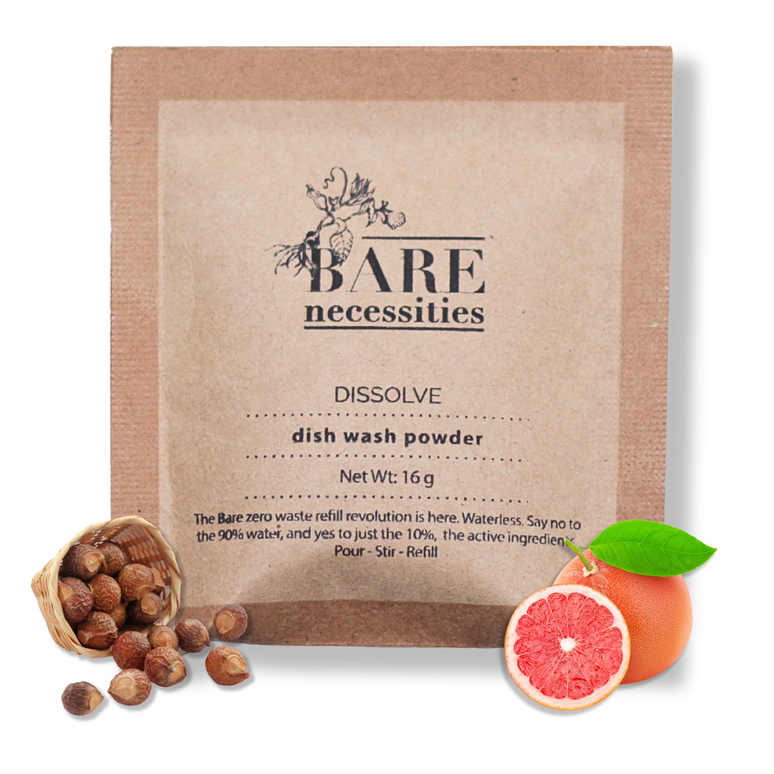 - Bare Necessities Natural Dishwash Liquid Refill Pack | Tough on Grease | Organic dishwash liquid with Citrus Fragrance | Plant-based Powder to Liquid Dish wash | Kid safe | 1 pack makes 250ml