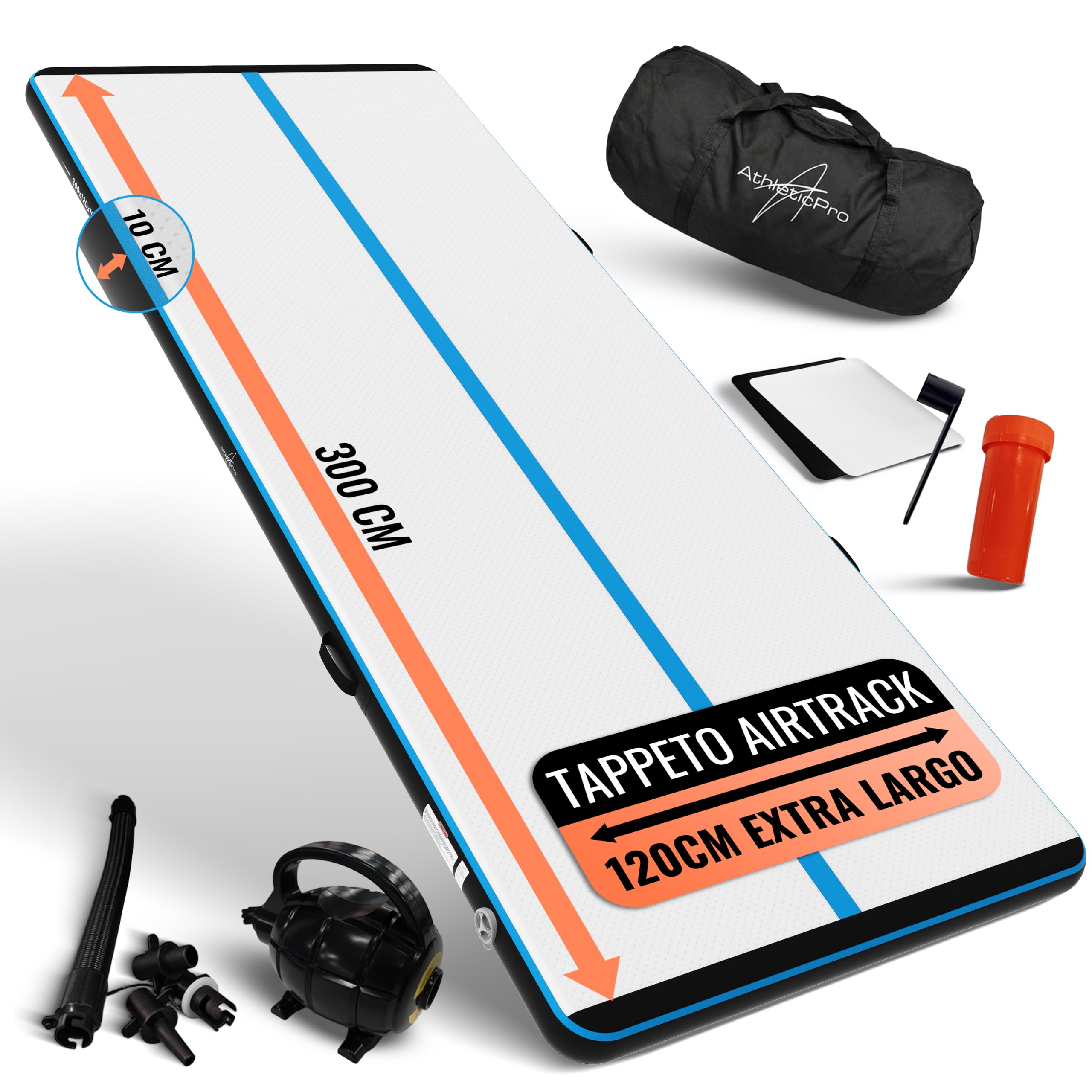 AthleticPro Airtrack Matte [3 m/4 m/5 m di lunghezza] – 120 cm di larghezza – 10/20 cm di altezza – Tappetino gonfiabile per ginnastica e acrobazie, con pompa elettrica, kit di riparazione e borsa