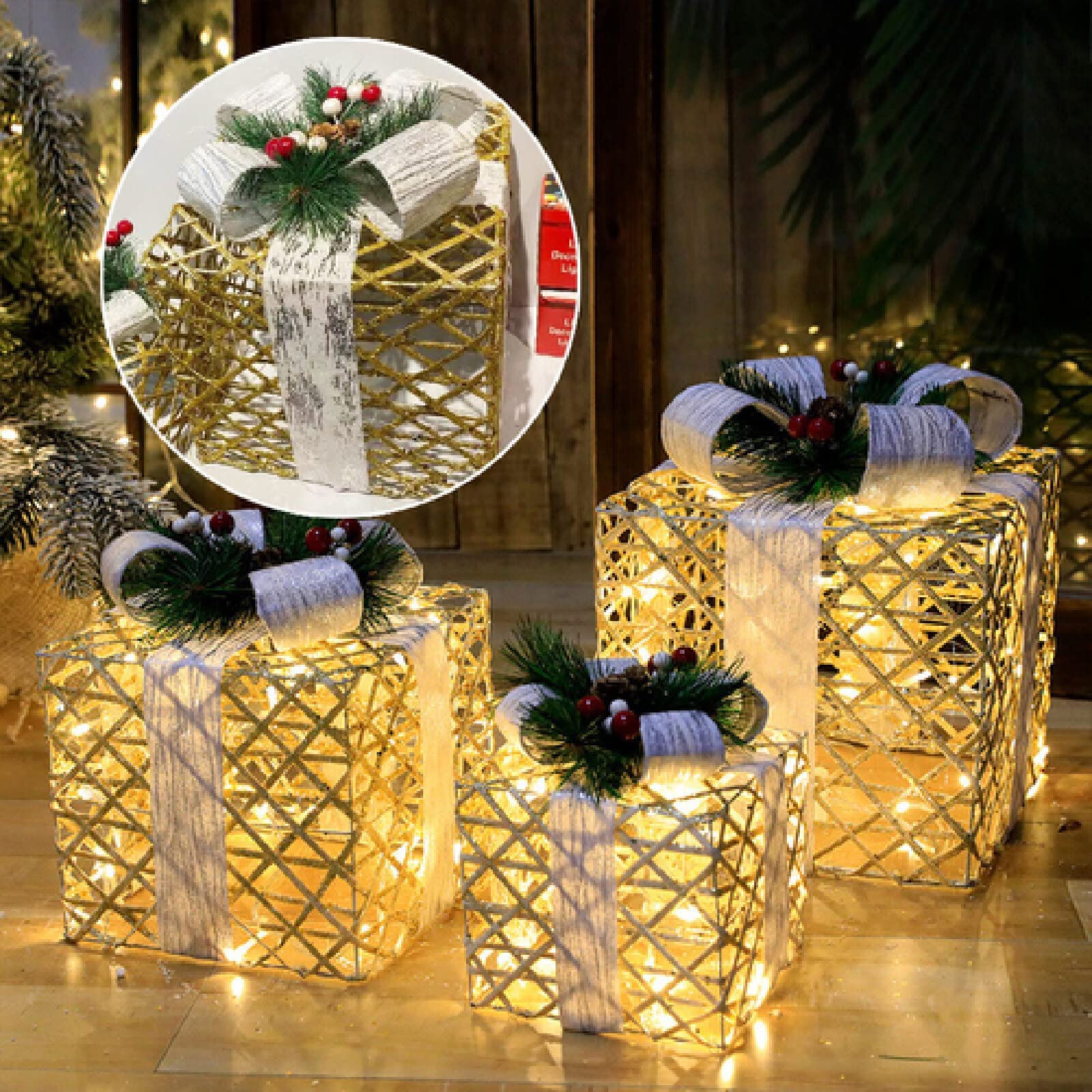 Cajas de regalo para Navidad, Juego de 3 cajas iluminadas con lazos, arte del hierro LED, decoración iluminada de ratán, cajas iluminadas for regalos al aire libre for decoraciones navideñas en el hog