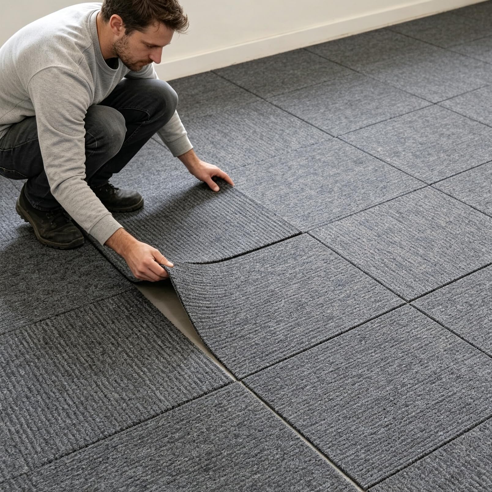 Lot de 20 dalles autocollantes pour moquette | 60 x 60 cm - Antidérapant - À coller - Pour salon, chambre à coucher, bureau, commerce - Gris foncé