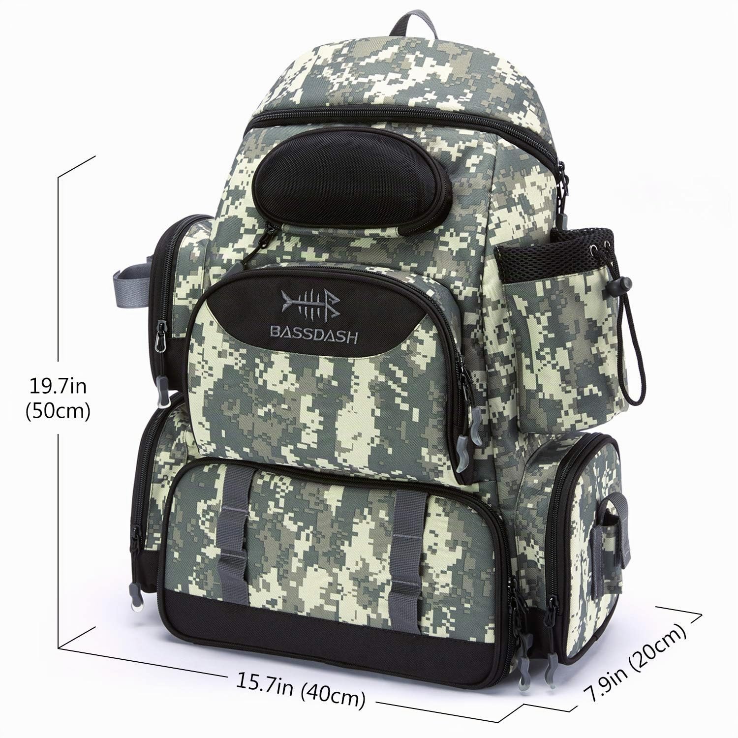 Bassdash Angelrucksack wasserabweisend leicht taktische Tasche Angelkoffer mit Rutenhalter und schützender Regenhülle