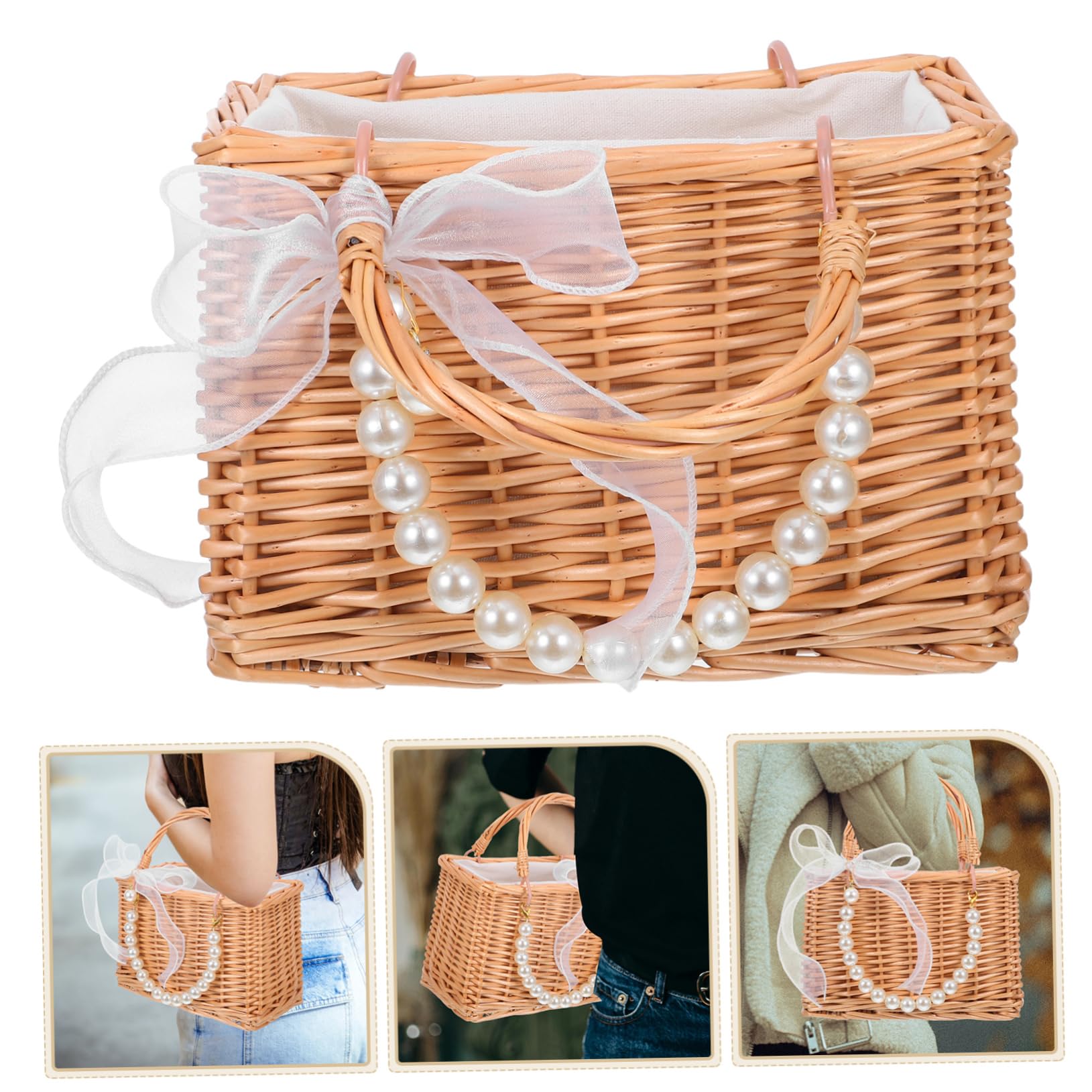Petit Panier de Demoiselle D'honneur en Osier avec Perles