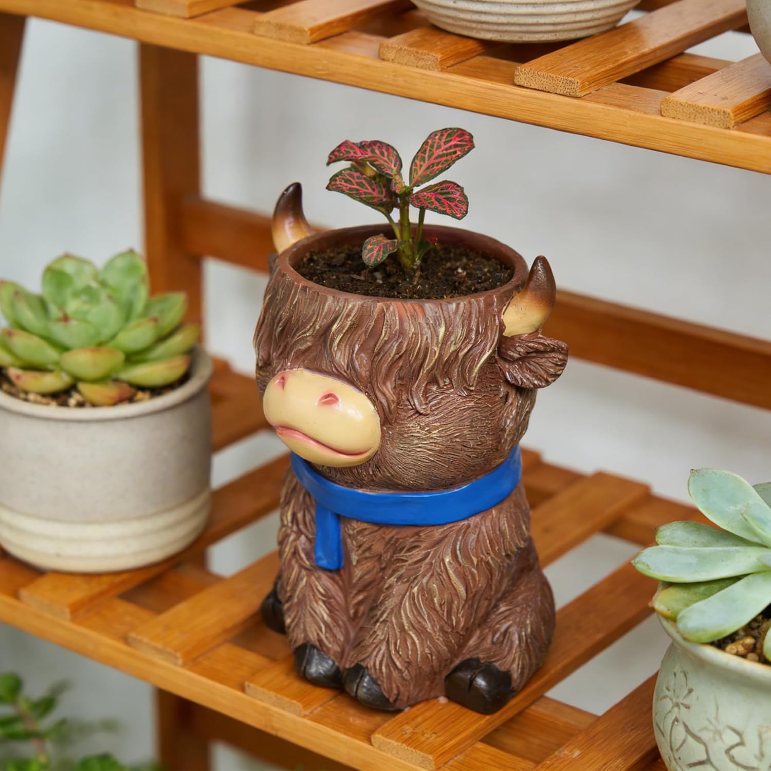 Cute Highland Cow Planter Pot - Resin Succulent Pot with Drainage, Aesthetic Scottish Cow Flower Pot for Boho Home Decor, Desk, Patio | Unique Cow Gifts for Women, Mom, Plant Lovers (Brown)