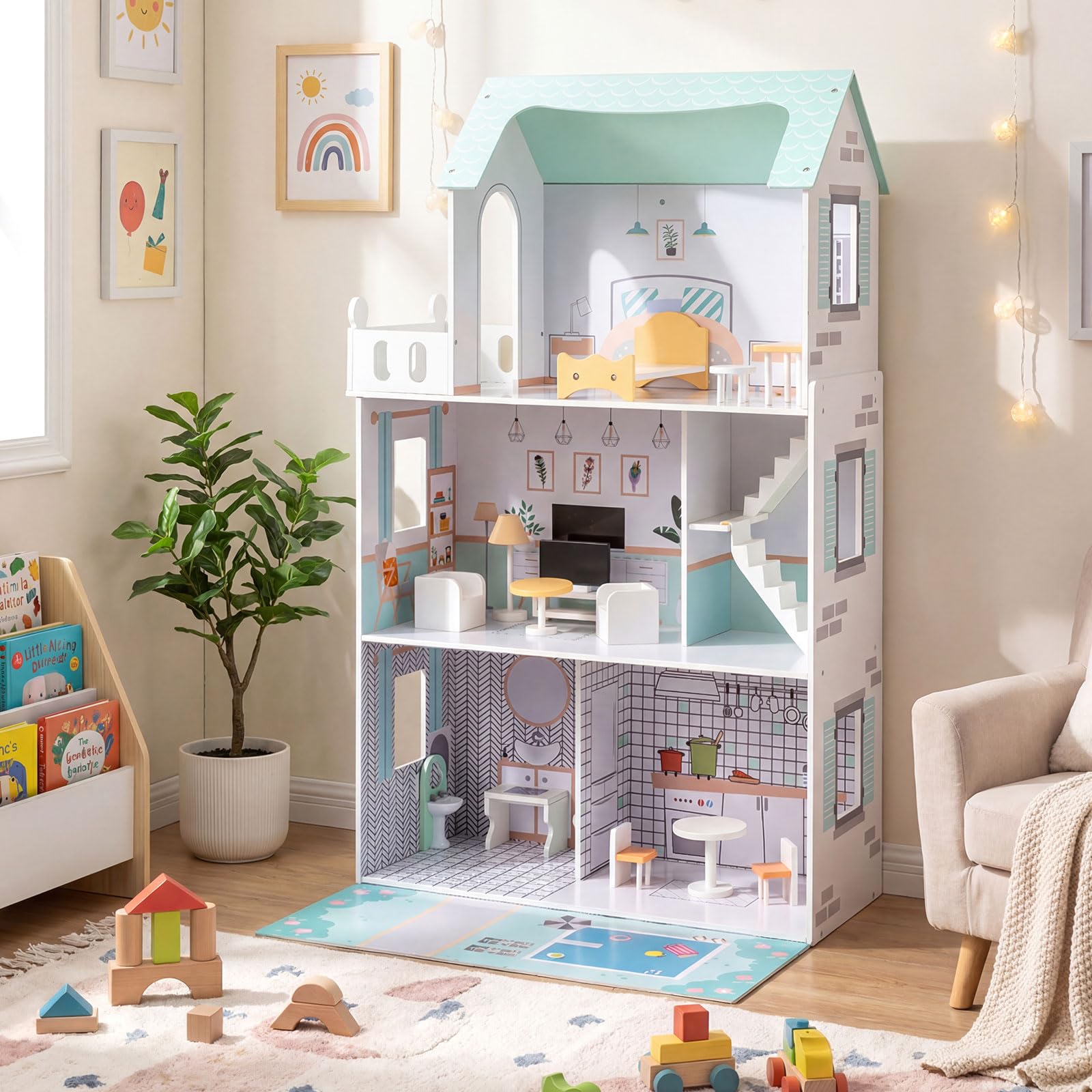 COSTWAY Maison de Poupée en Bois à 3 Étages avec 5 Pièces et 17 Meubles, Maison de Rêve avec Ascenseur, Autocollants Princesses, Jeu d’Imitation Playhouse pour Enfants de 3 Ans+ (Vert)