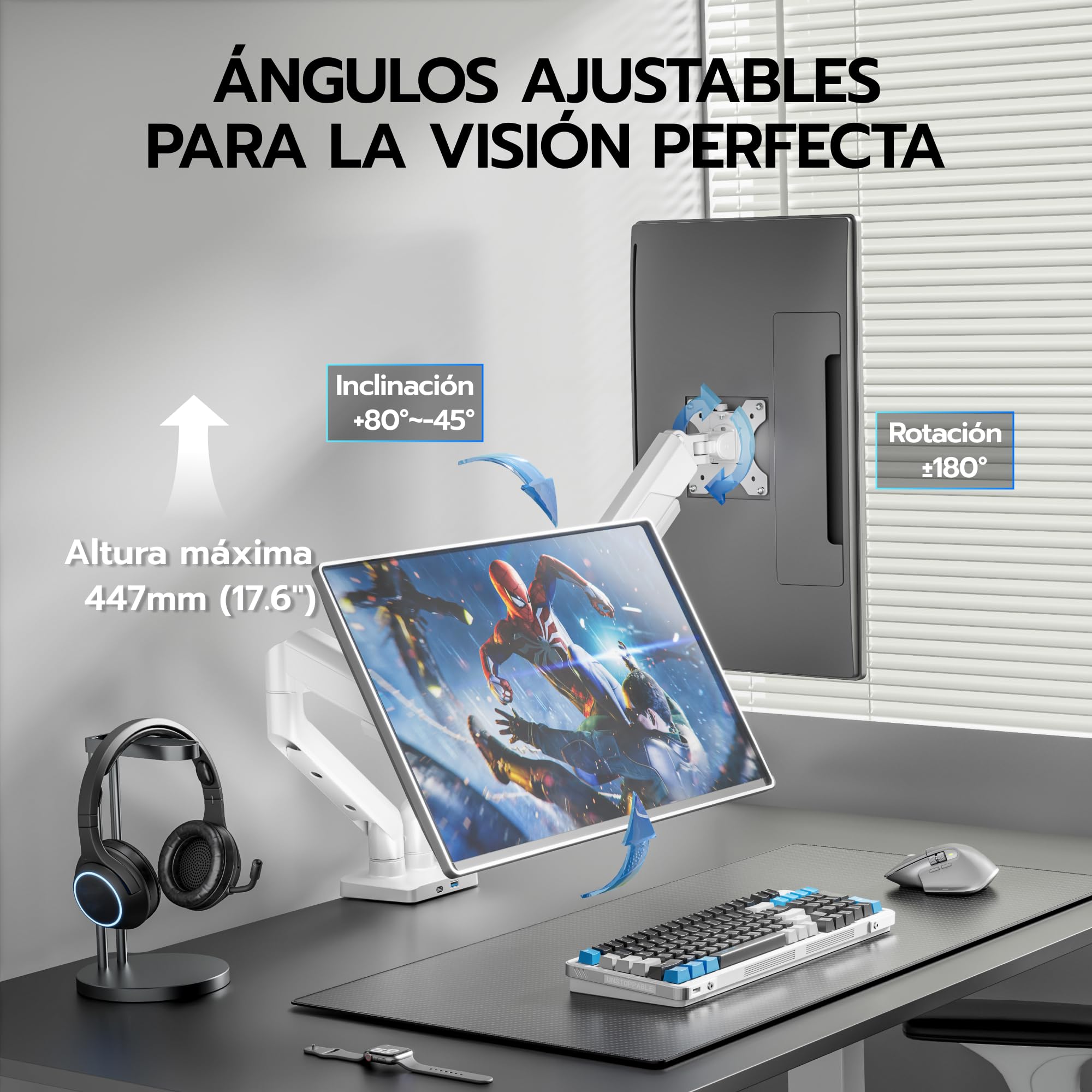 ARES WING Soporte Dual para Monitores 17"–35", VESA 75/100 mm | Brazo Doble 2–12 kg con Puertos USB-A/C, Gestión de Cables, Inclinable/Giratorio/Rotatorio