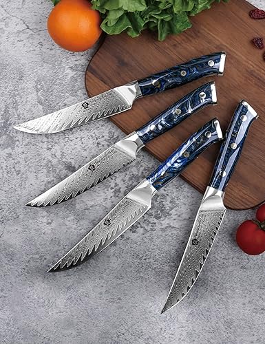 Miniatura 7 de WILDMOK Cuchillos para carne, juego de 4 cuchillos de carne no dentados de 5 pulgadas, cuchillos japoneses de acero Damasco VG10, cuchillos de carne