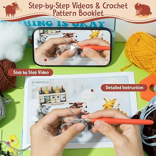 Miniatura 3 de BWkoss Kit de ganchillo para principiantes, kit de inicio de ganchillo de vaca de las tierras altas para adultos y niños, kit de manualidades