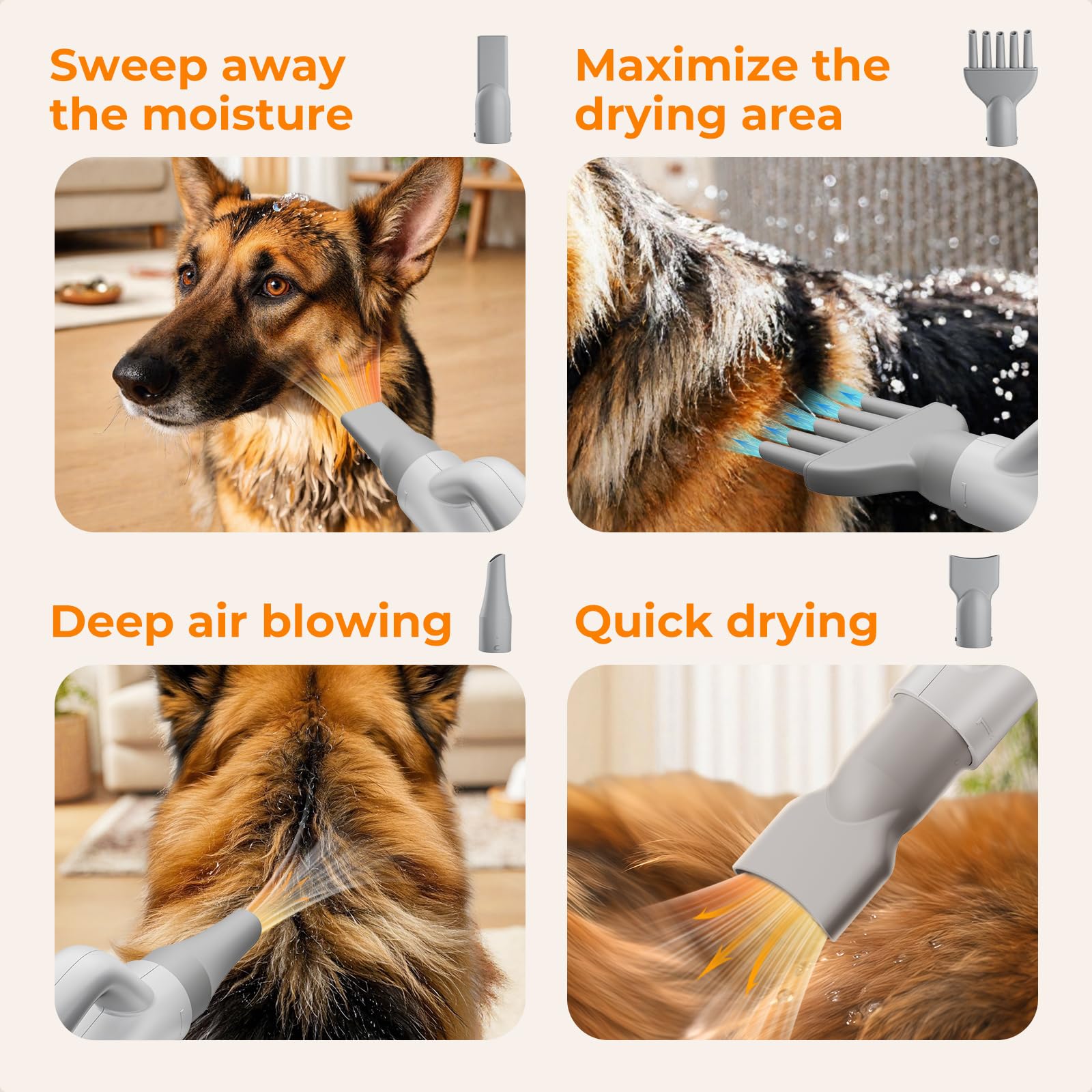 pecute Asciugatore per Cani Blower Molto Silenzioso, Soffiatore per Cani a Velocità Regolabile - con Modalità Caldo/Freddo, Phon Cane con 4 Diversi ugelli, Tubo Elastico e Spazzola la Cura