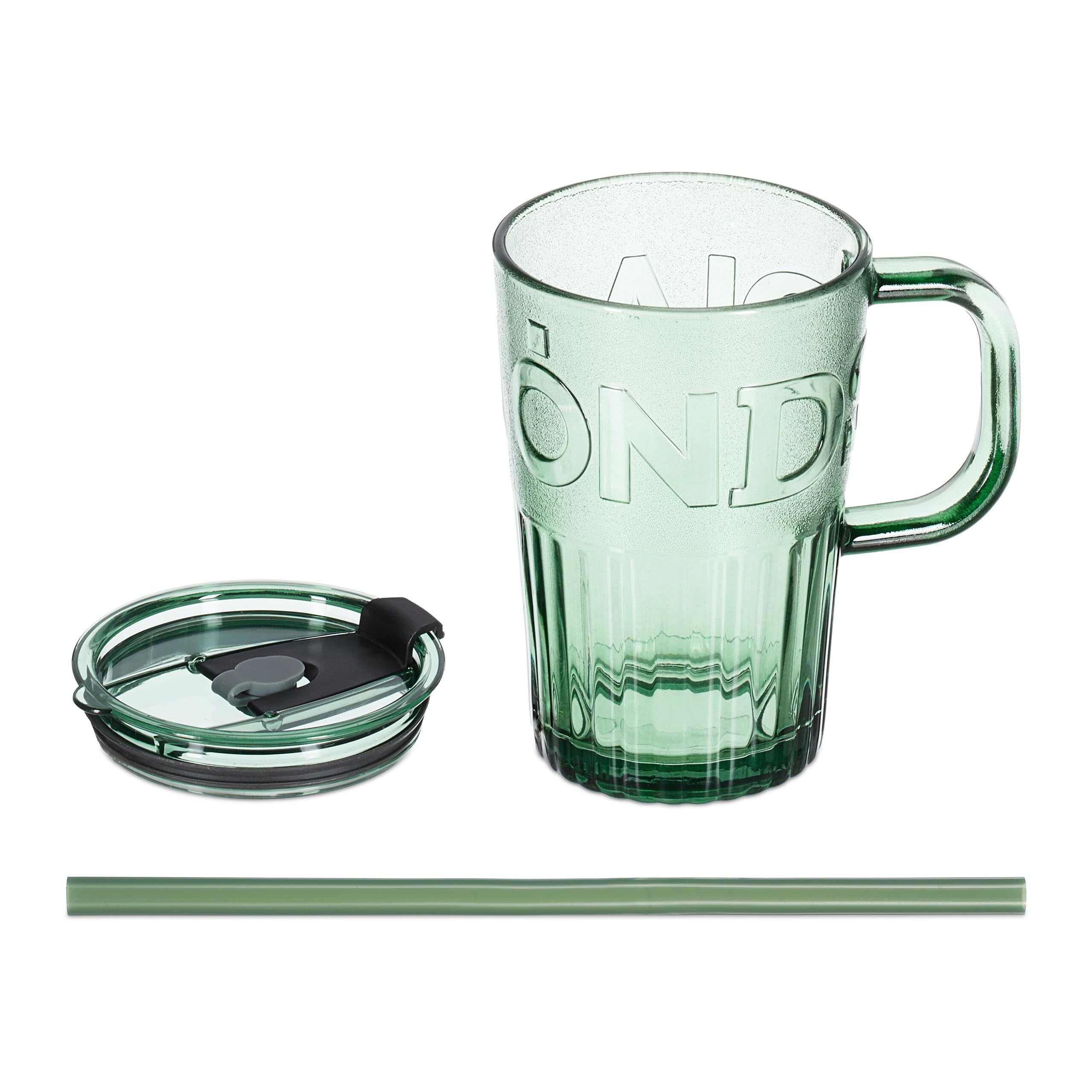 Relaxdays Set da 2 Tazze per Bevande, Bicchieri in Vetro per Frullati, con Coperchio Cannuccia e Manico, 450 ml, Verde