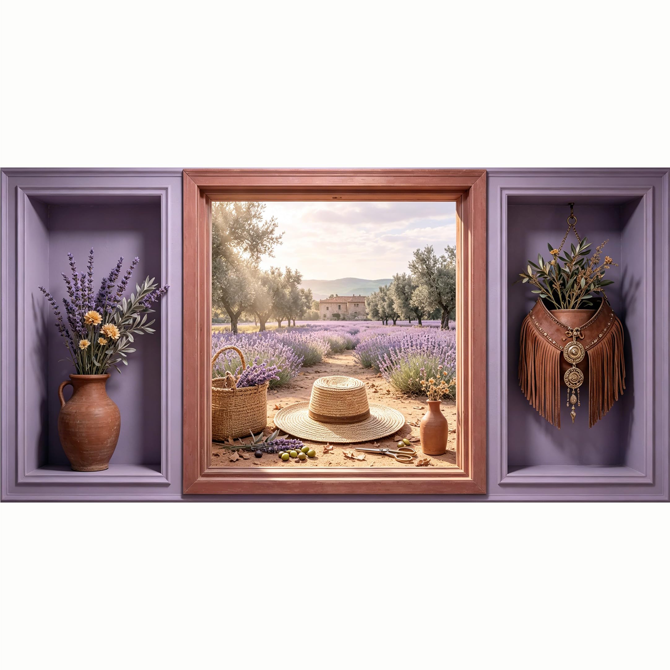 QZLITHOTIC 50x100cm 3D Framed Wall Art， Provence Lavender Field Landscape Western Farmhouse Style Self‑Adhesive Mural， Water‑Activated Peel & Stick Fabric Decor Wall Decal for Bedroom Living Room