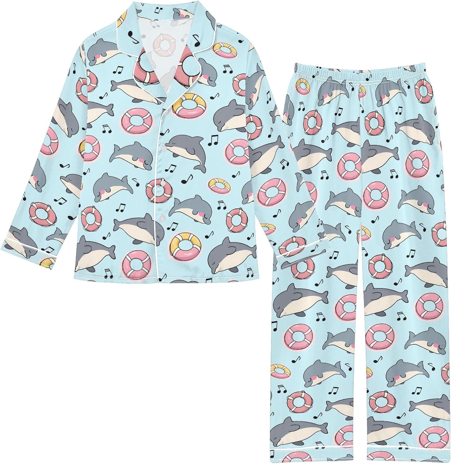 Kids Casual Satin Wear Set Dolphin Swimming Circle Pattern Unisex Relaxed Fit Clothing