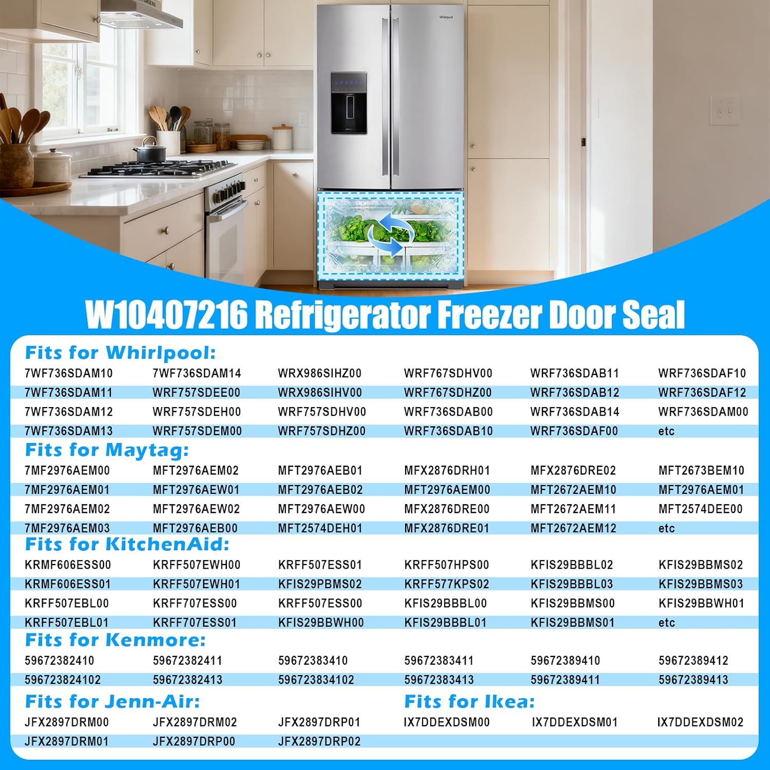 UPGRADED W10407216 Freezer Door Gasket Compatible with Whirlpool Refrigerator Freezer Door Seal W10248749 W10685869 KitchenAid Kenmore Refrigerator Door Gasket WRF736SDAM13 WRV986FDEM01 WRF736SDAM14