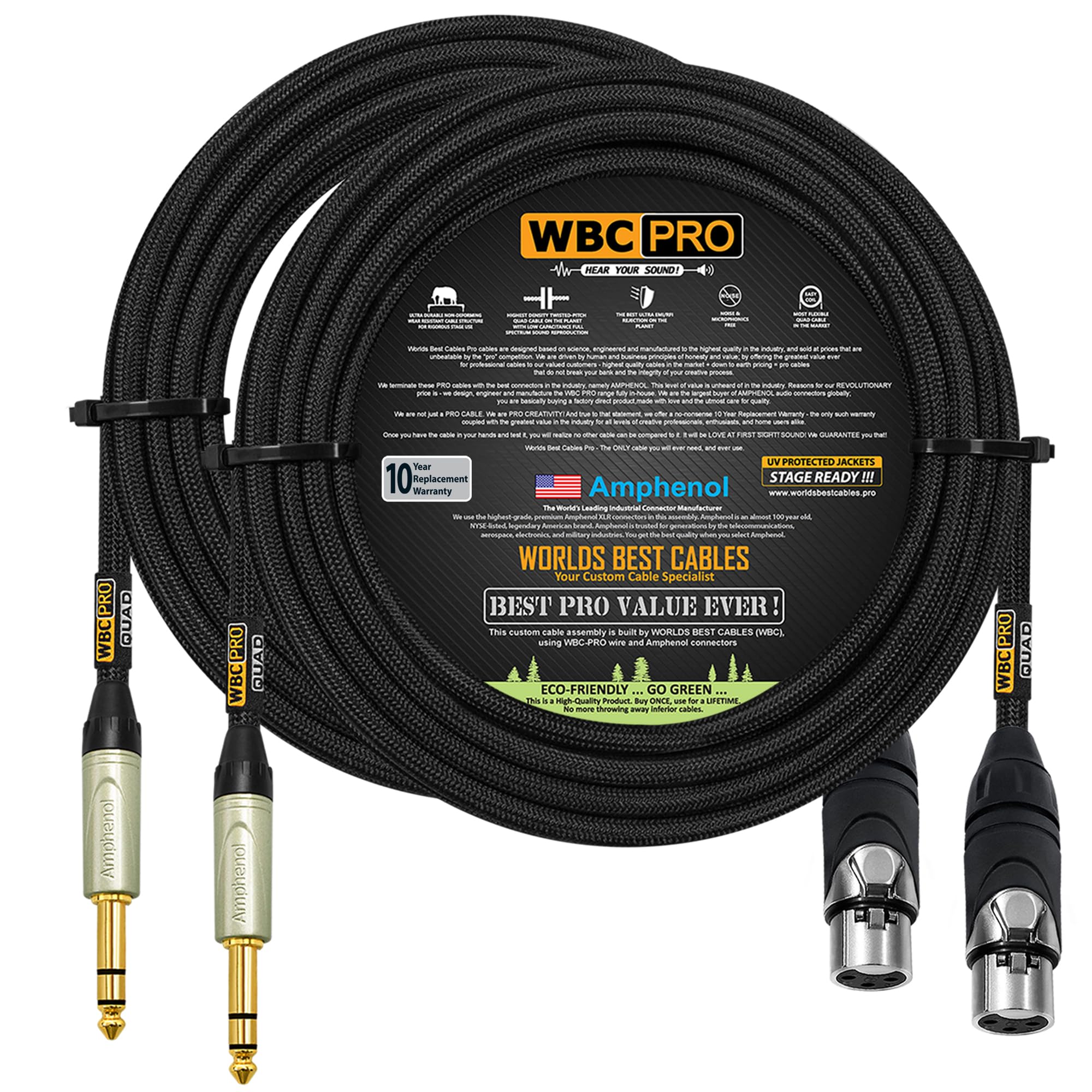 WBC-PRO-Quad Lot de 2 câbles XLR vers TRS ultra silencieux et ultra flexible avec prises stéréo Amphenol AXX3F femelle XLR et QS3P-AU droites en tweed Noir 22,9 m