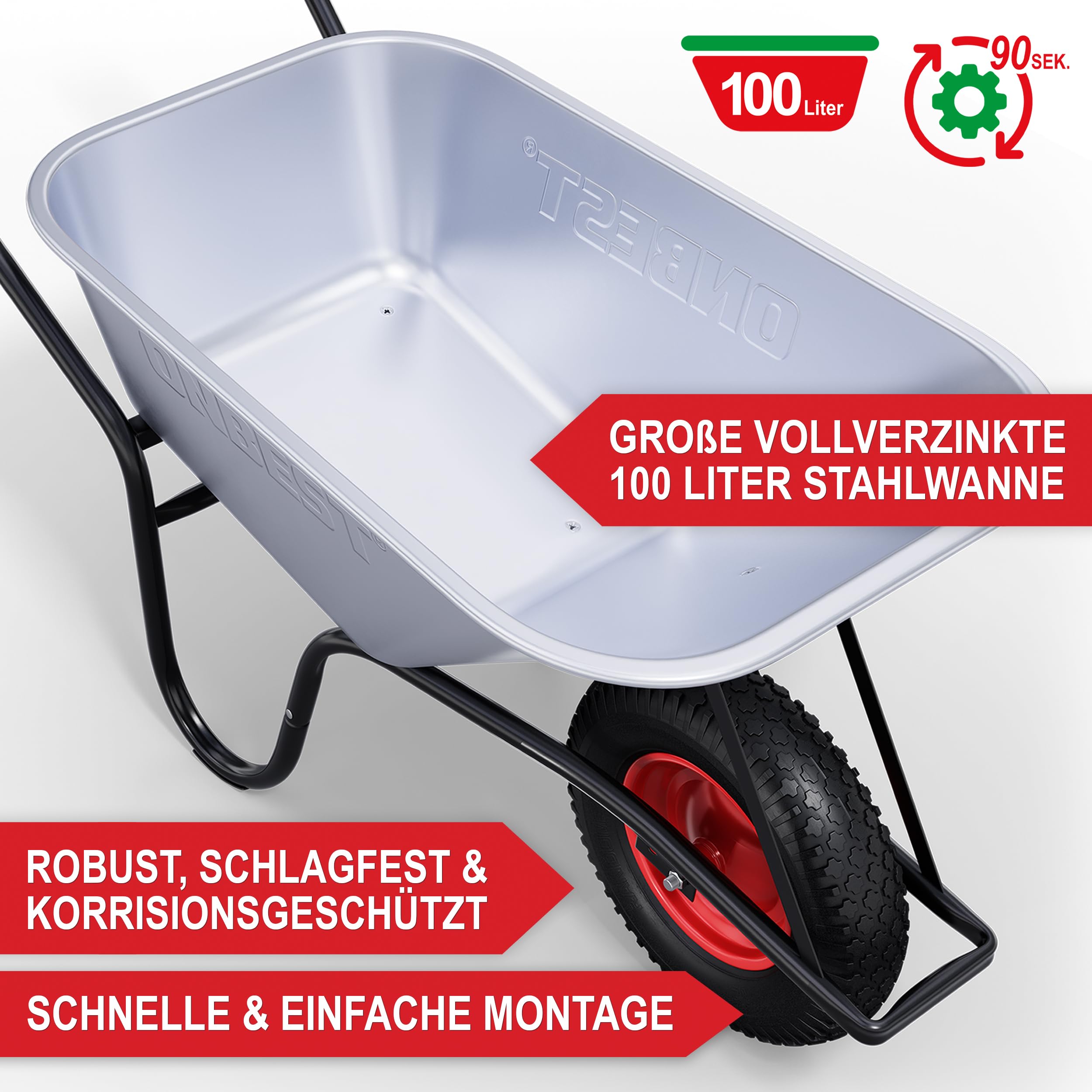 ONBEST Schubkarre mit 100 Liter vollverzinkt Silber – 250 kg Tragkraft – Luftreifen auf Stahlfelge – pulverbeschichteter Stahlrahmen schwarz – Bauschubkarre Gartenkarre – Plus Gartenabfallsack groß