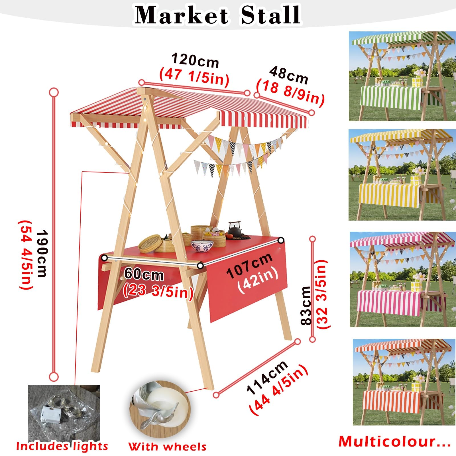 Marktstand, Imbisswagen Marktstand-Display Aus Holz, 120 X 60, 150 X 60, 180 X 60, Tragbarer Imbisswagen Mit Rädern Und Baldachin, Blumenwagen(No Wheels,150x60cm/59x23.6in)
