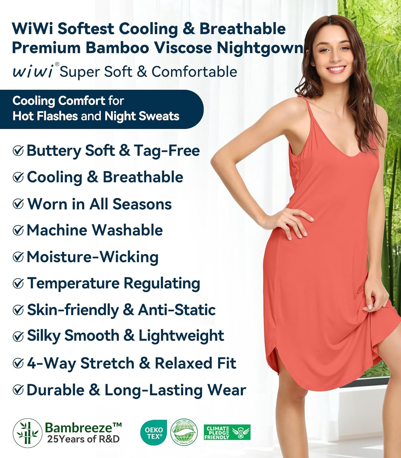 WiWi Bamboo Viscose Slip Dress for Women Cooling Dresses Super Soft Chemise Plus Size Nightgown Full Slips Babydoll S-4X