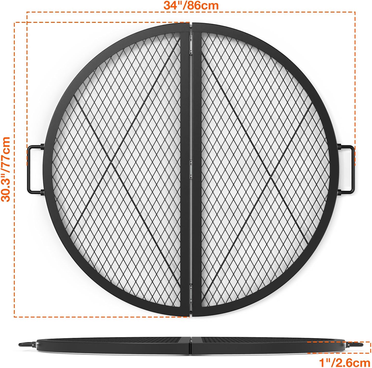 only fire X-Marks Fire Pit Cooking Grate, Foldable Round Grate for Outdoor Cooking, Heavy Duty Steel Campfire BBQ Grill Grid with Handle, Portable Camping Cookware, 30 inch