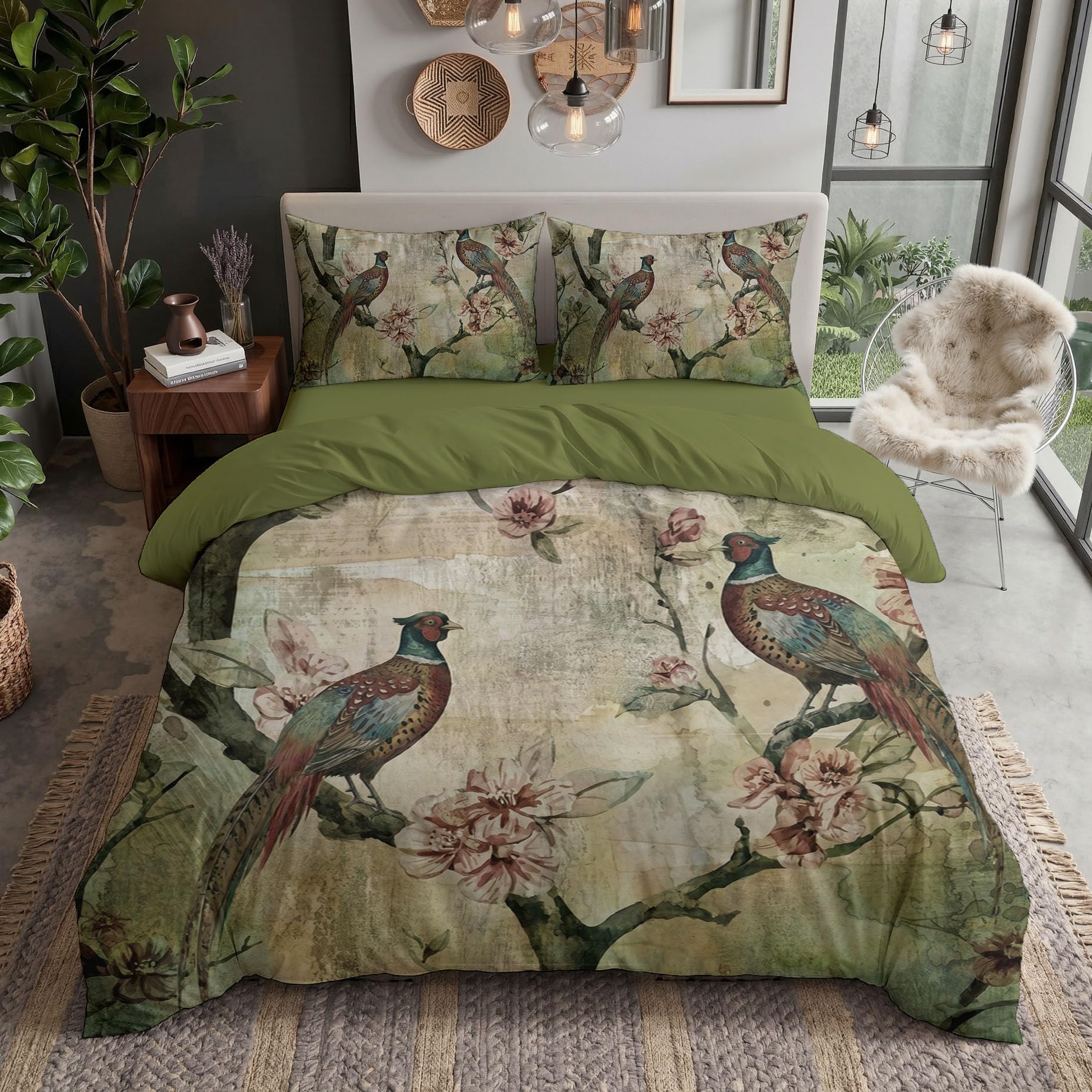 Housse de couette 200x200cm gris-vert avec motifs chinois d'oiseaux et 2 taies