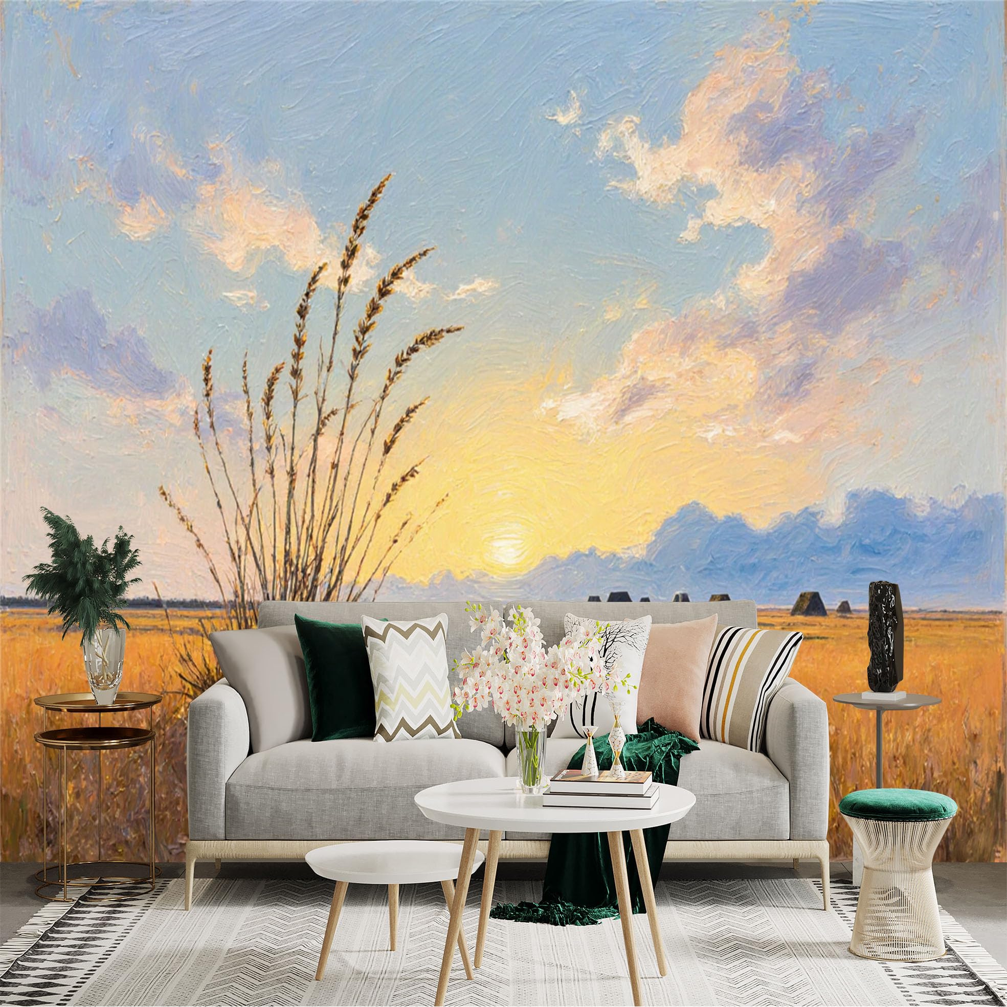 Lnzczhyre Xc260505532 Custom Size Wall Sticker Mural， Sunset Over Golden Field， Scenic Landscape Painting， River And Meadow， For Wall Decoration， Peelandstick Wall Decals.